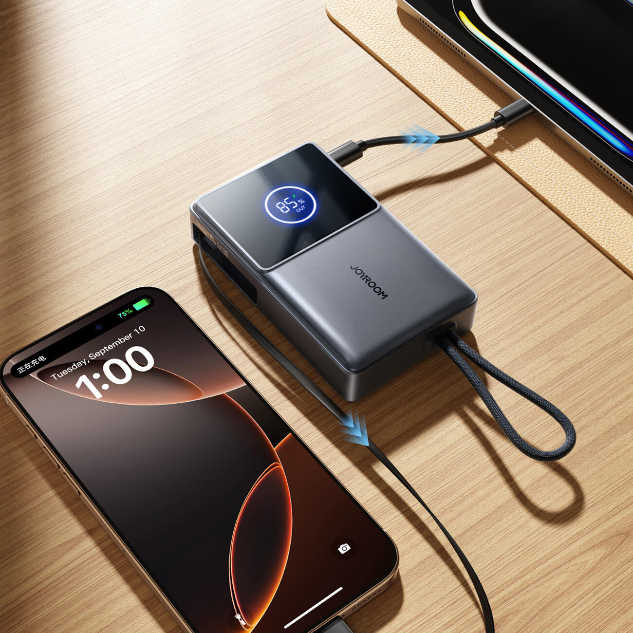 Powerbank Joyroom jr-pr1 10000mah 22,5w z wbudowanym zwijanym kablem usb-c 4/7