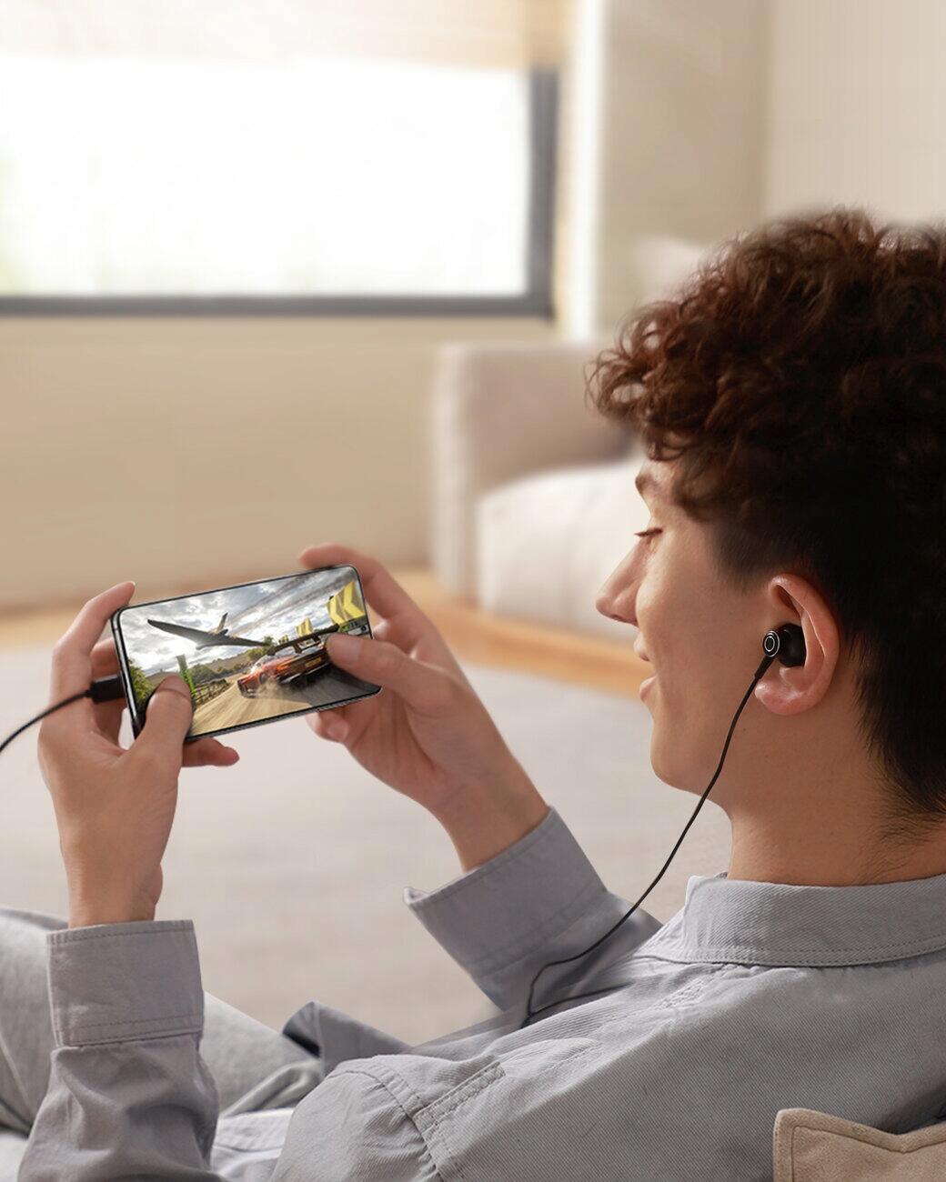 Słuchawki przewodowe douszne Joyroom czuły mikrofon elastyczny kabel usb-c 6/7