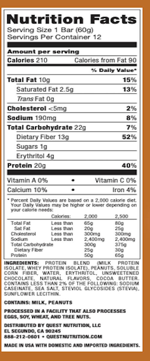 Barres protéinées - Quest Bar - Beurre de Cacahuète et Chocolat Boite de 12 3/5