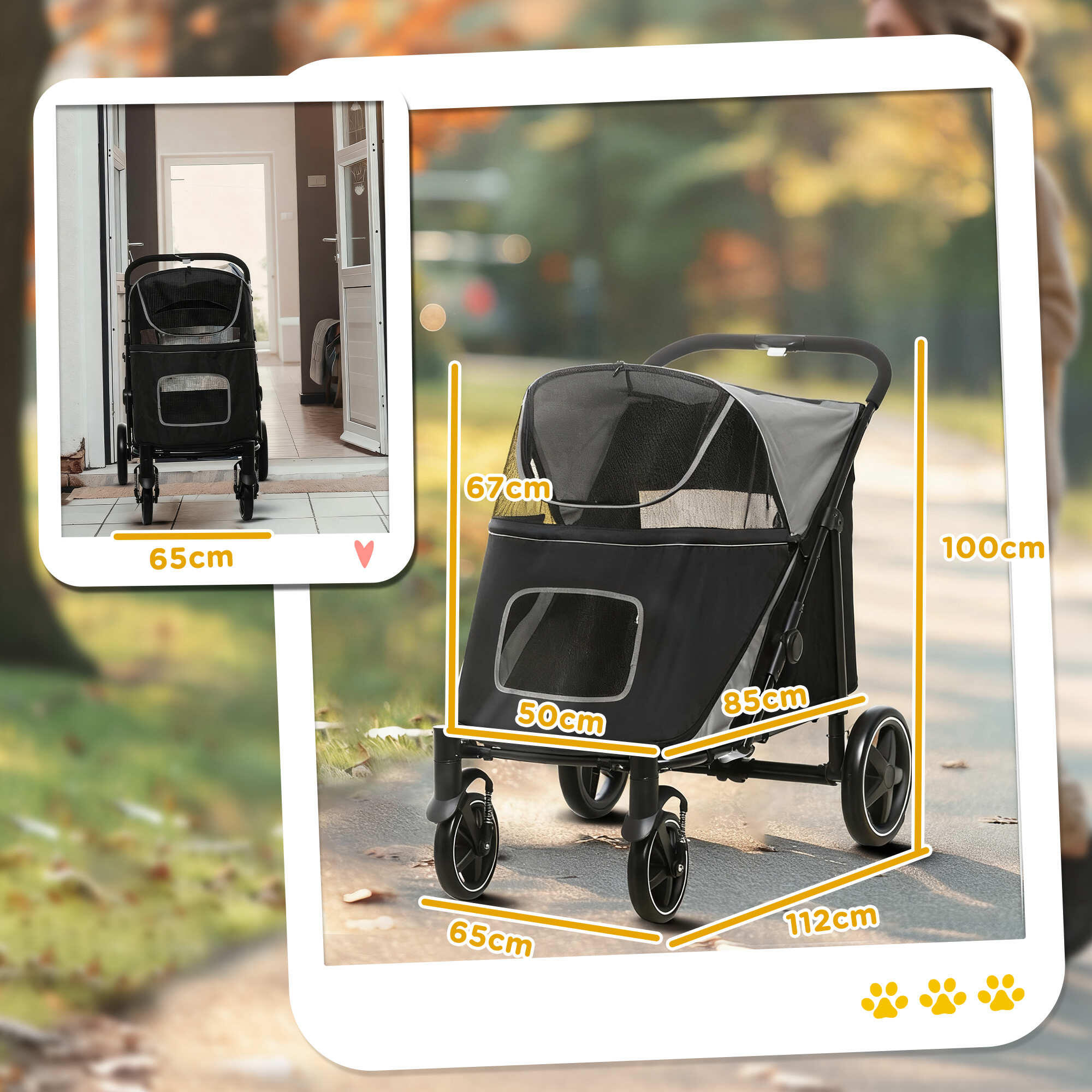 Cochecito para Mascotas PawHut 112x65x100 cm Negro 3/8