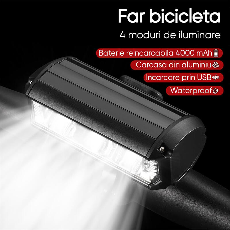 Far bicicleta, lampa frontala, 1750 lumeni, reincarcat USB, potrivire universala