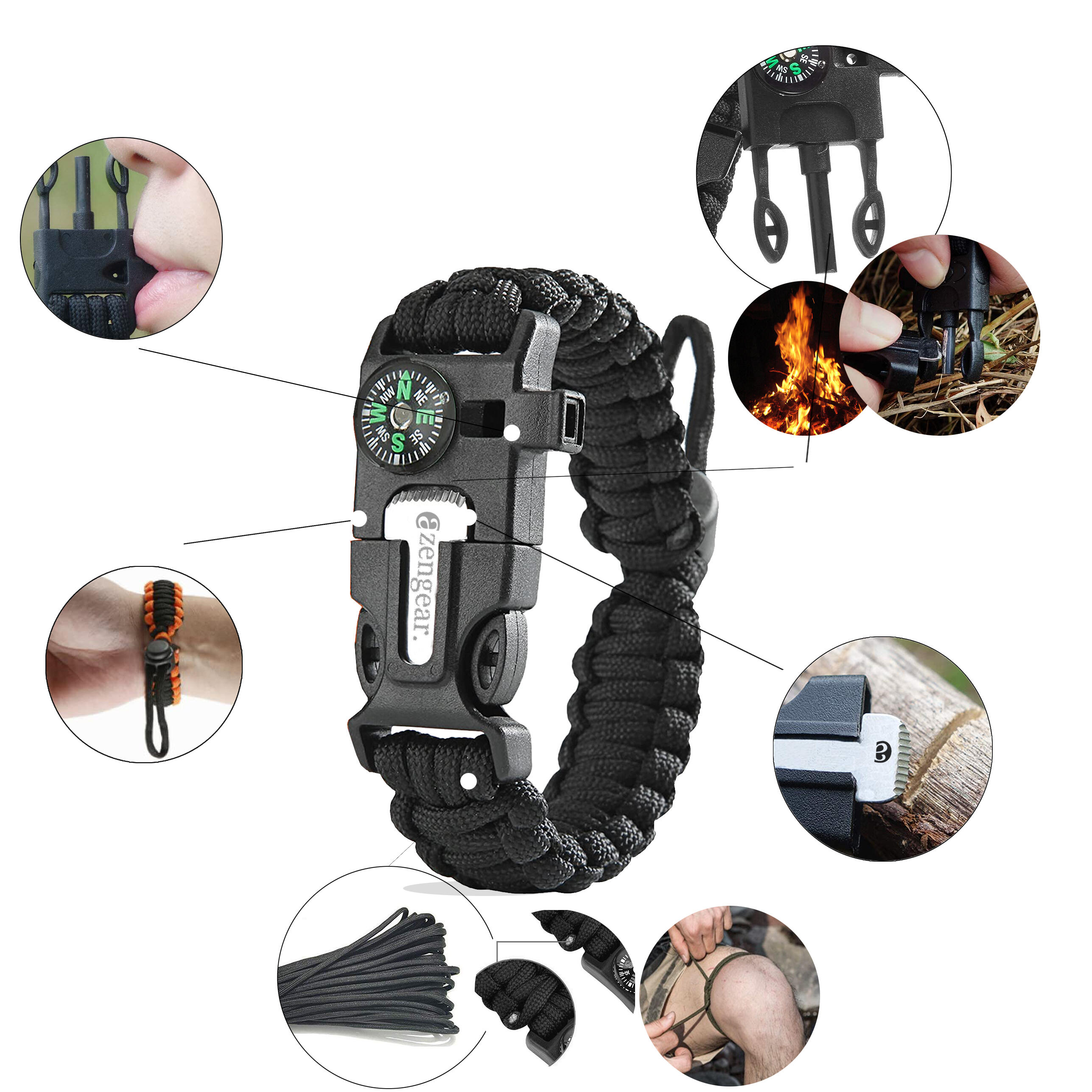 Paracord survival armband met vuurstarter, kompas, fluitje outdoor 3/9