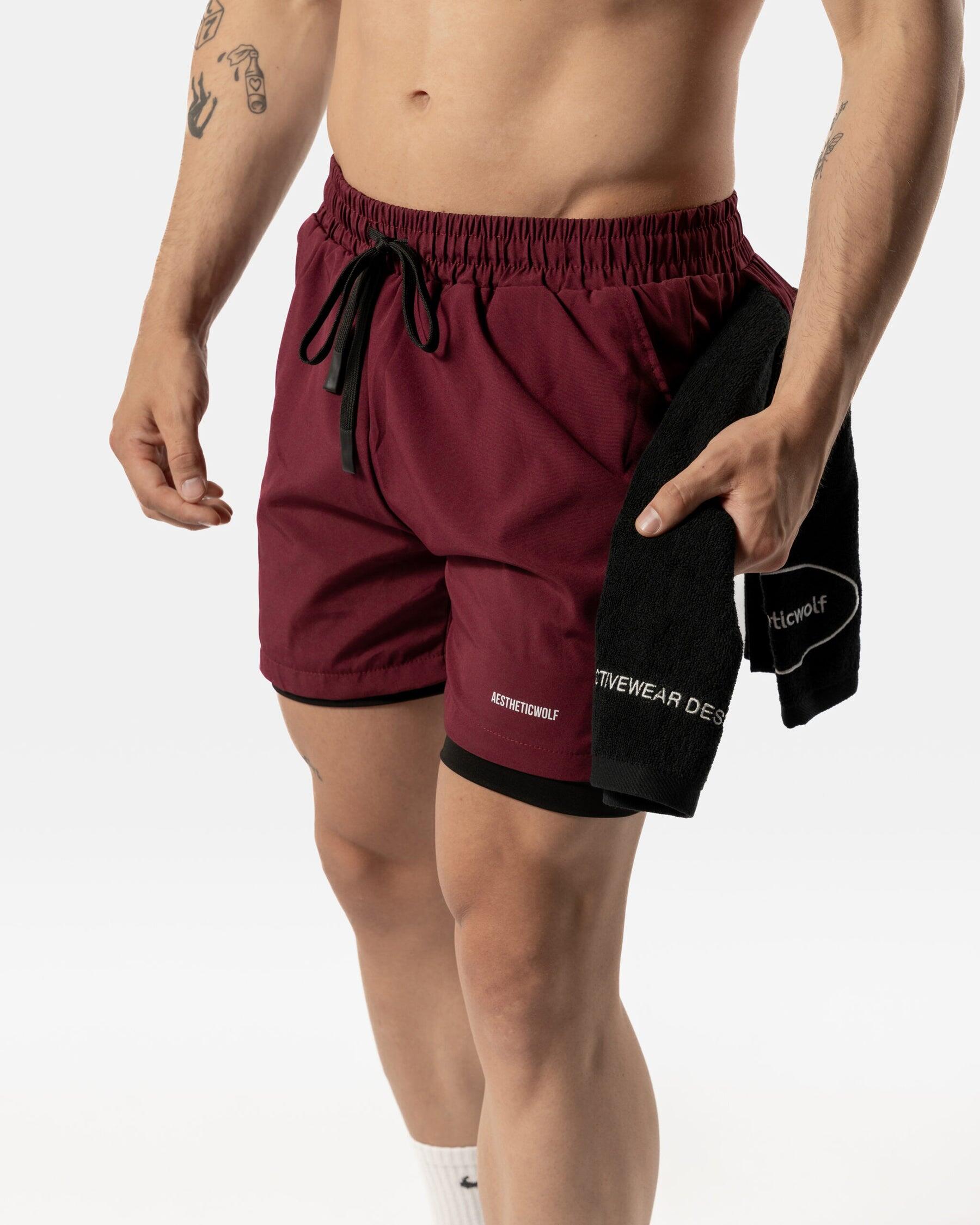 Pantaloncini da uomo 2 in 1 Fitness Cardio o Running - Rosso scuro/Nero 5/6