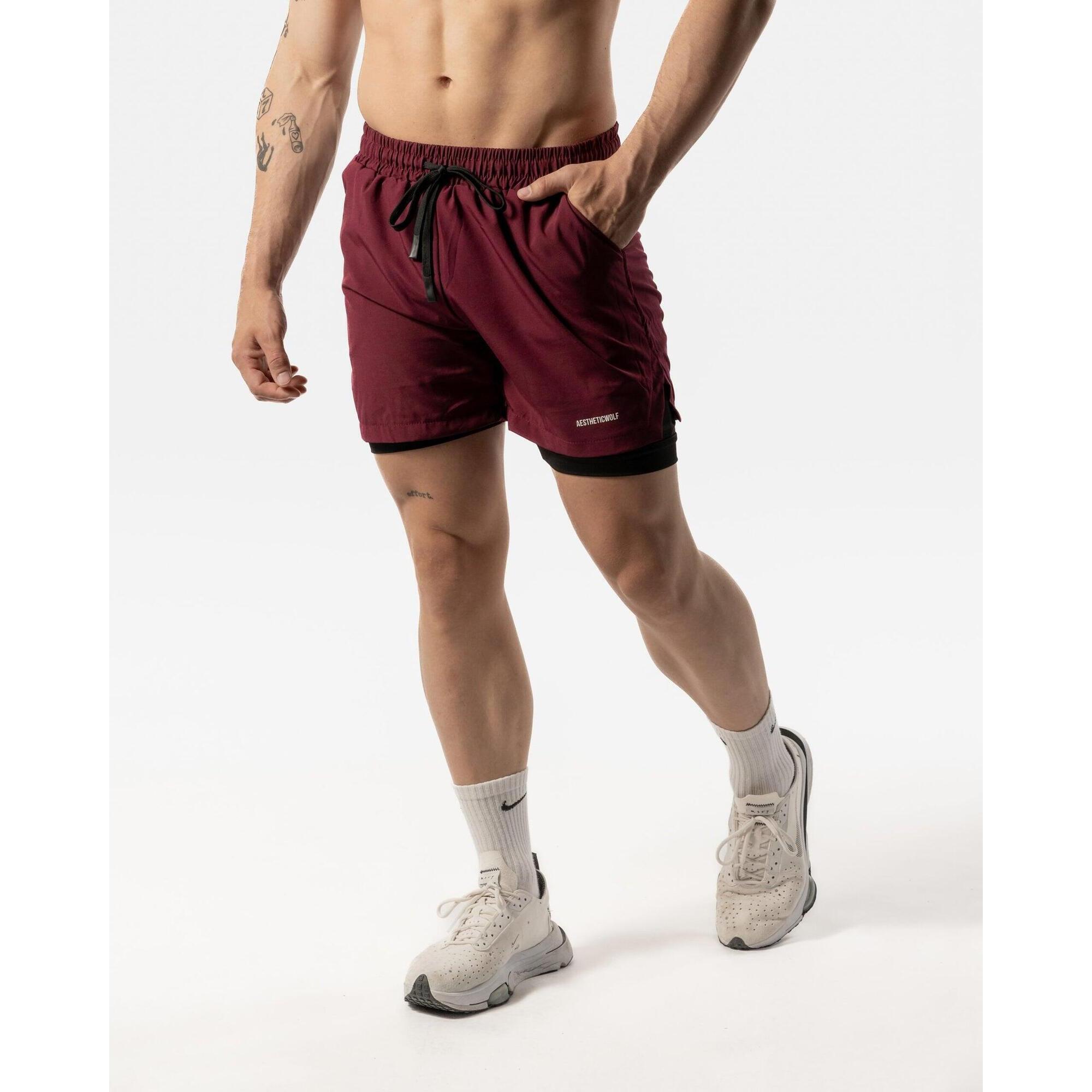 Aesthetic Wolf - Short 2 En 1 Pour Hommes - Fitness Cardio Ou Running - Rouge Foncé/noir - Short - Marron|noir|rouge - 48 Xl - Decathlon