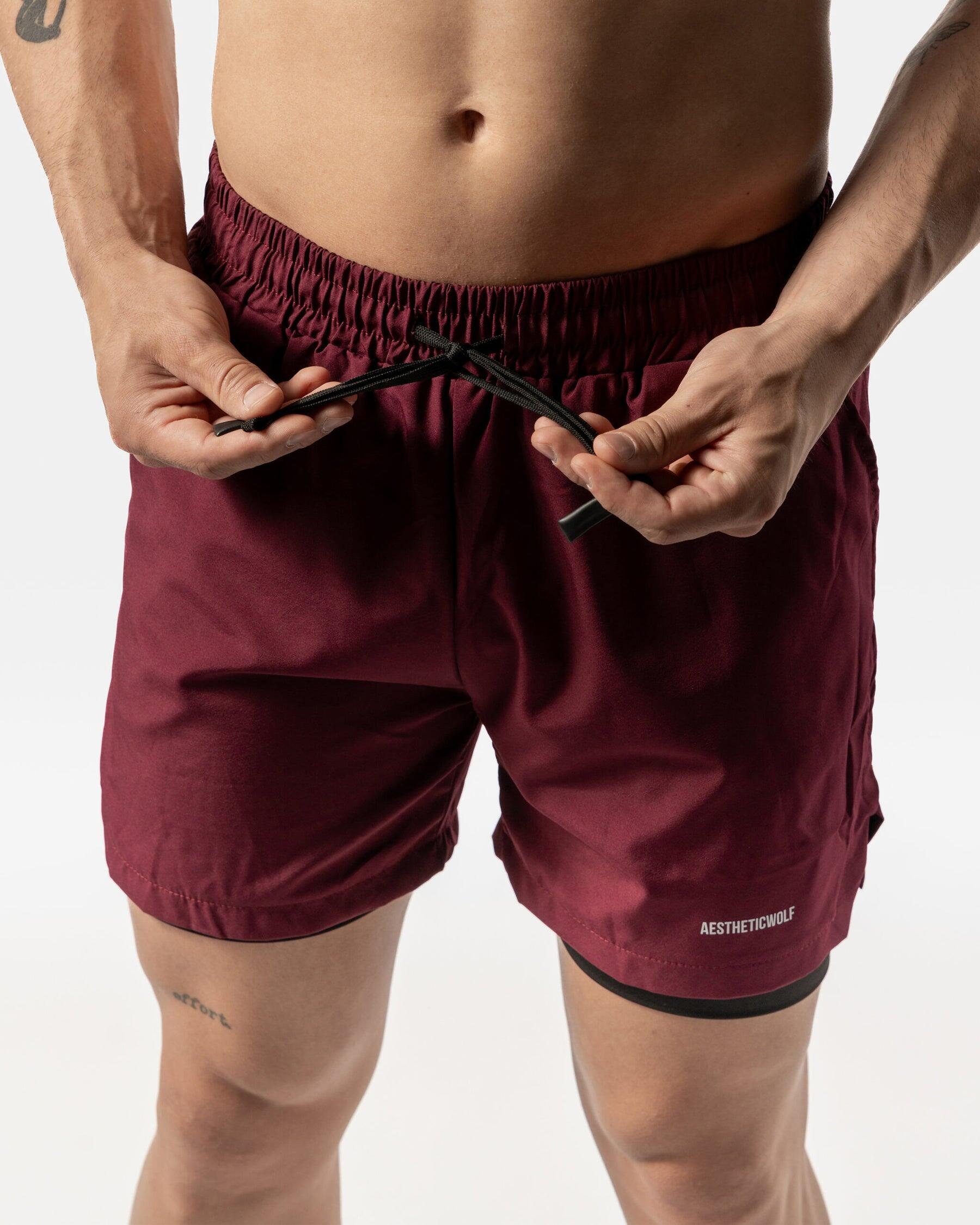 Pantaloncini da uomo 2 in 1 Fitness Cardio o Running - Rosso scuro/Nero 4/6