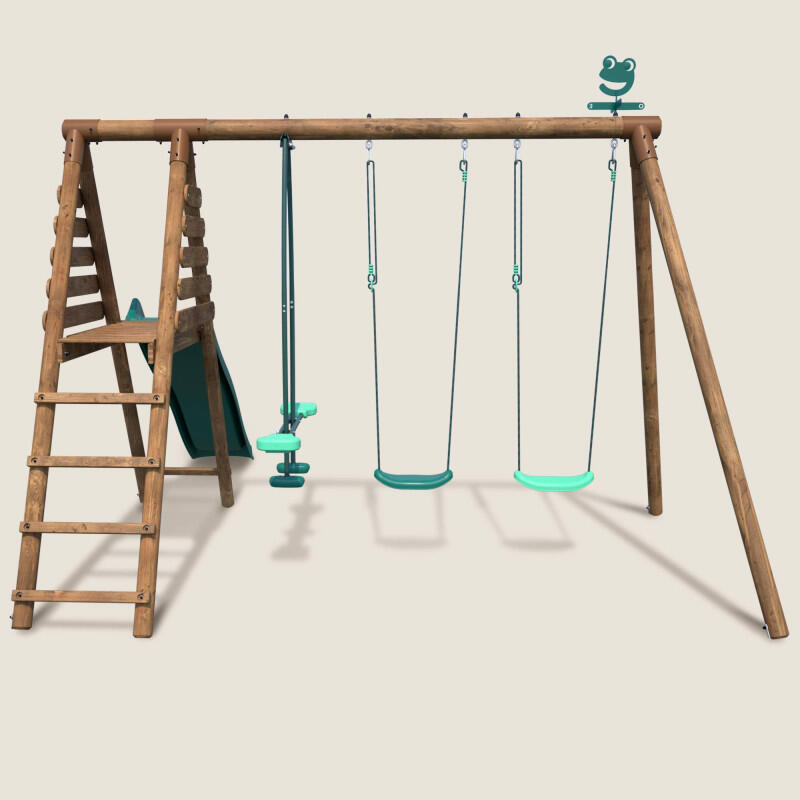 Portique en bois rond 3 agrès avec face à face et toboggan VIOLETTE 2/5
