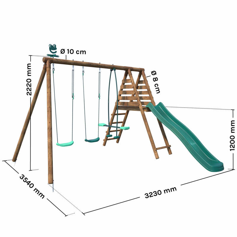 Portique en bois rond 3 agrès avec face à face et toboggan VIOLETTE 4/5