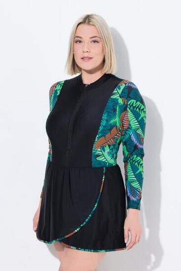 Damen Badekleid Dschungel Softcups Stehkragen Langarm