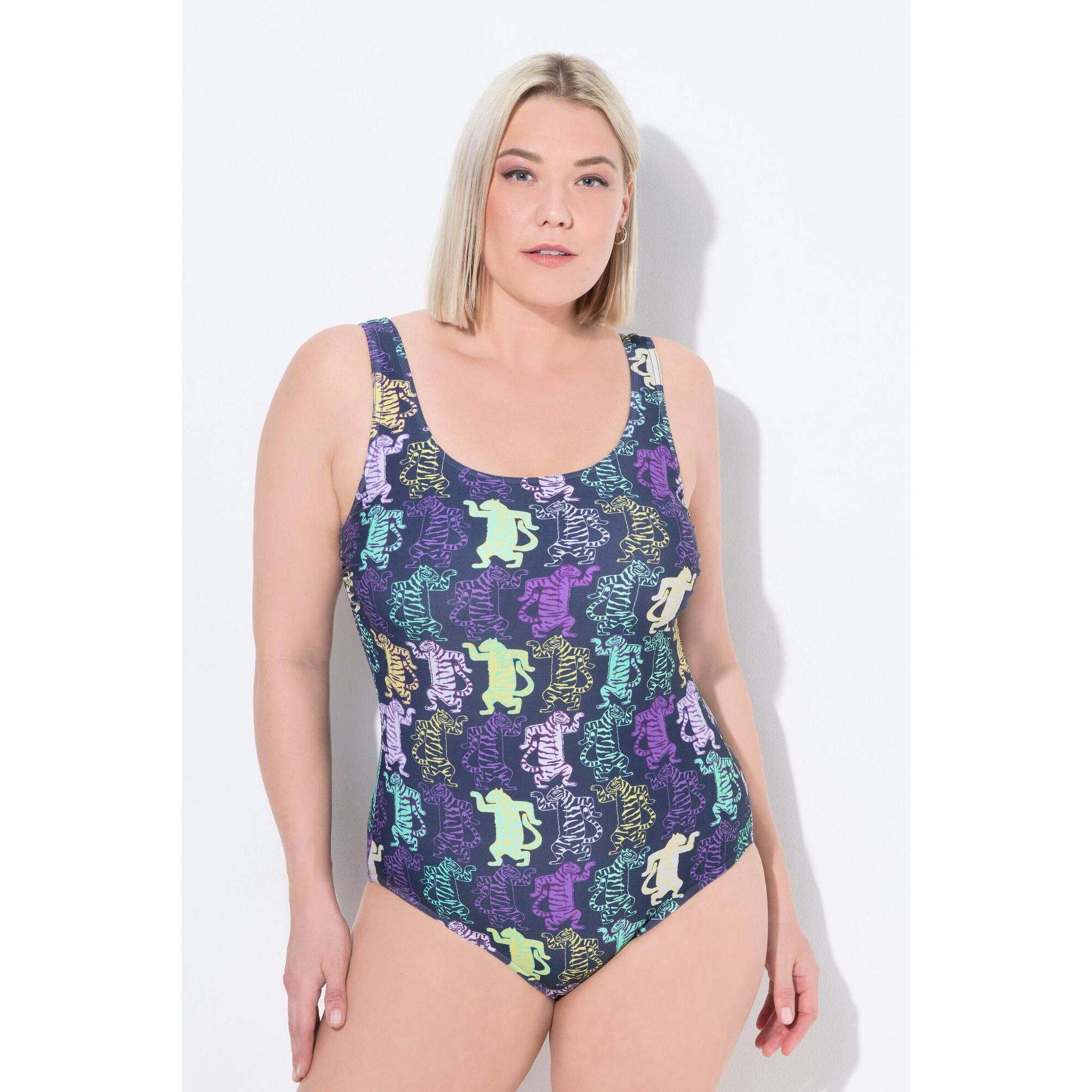 Ulla Popken - Femme Maillot De Bain Sans Bonnets Souples. Motif Tigres. Décolleté Rond - Maillot De Bain 1 Pièce - Bleu|vert - Decathlon