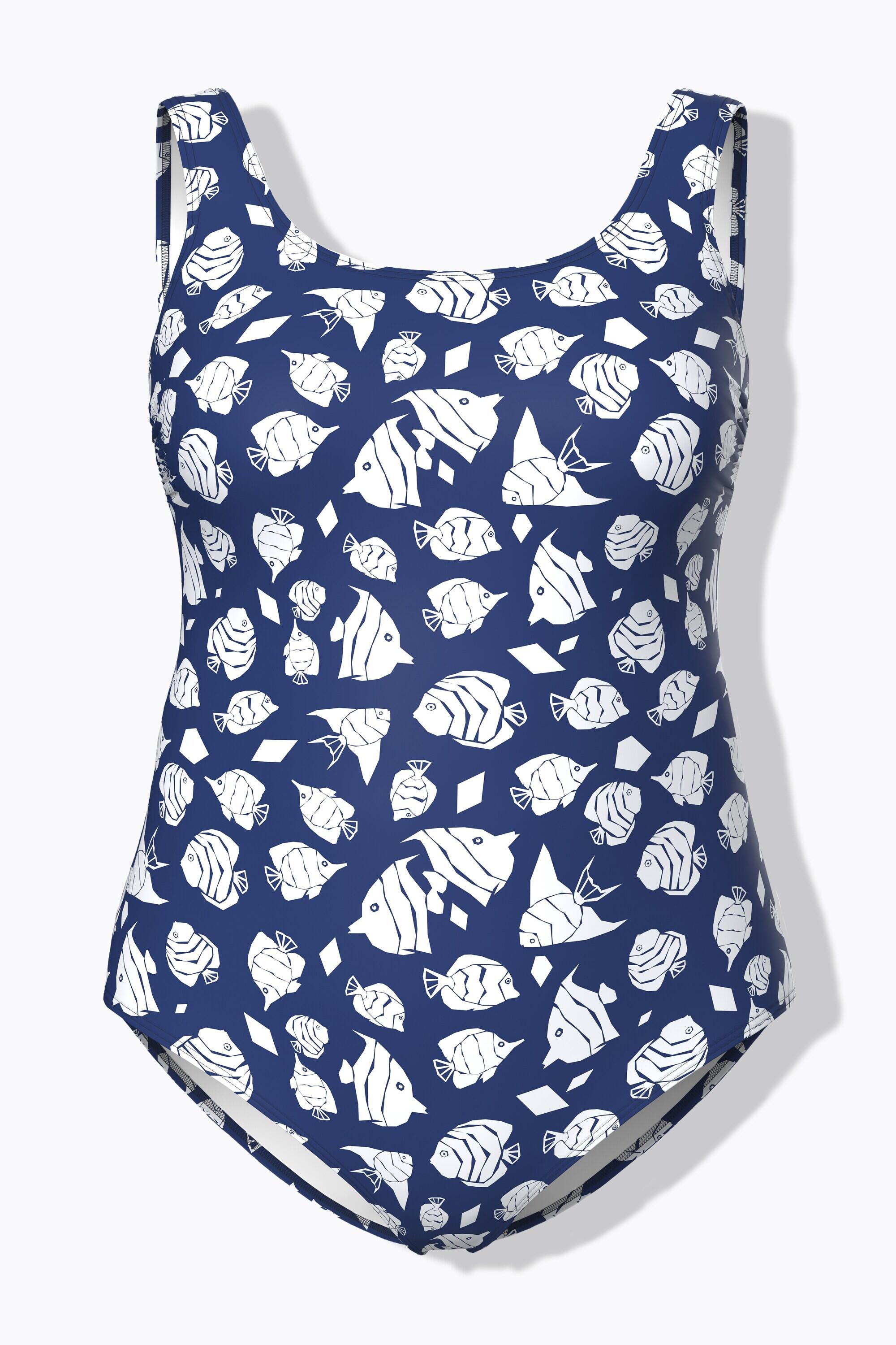 Femme Maillot de bain sans bonnets souples. Décolleté rond. Motif poissons 7/7