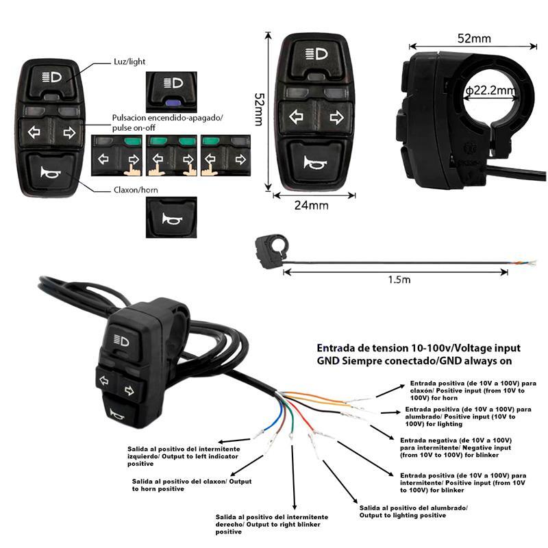 Botonera BSK321 con Intermitentes, luz y claxon con conector SM 1,5M 3/3