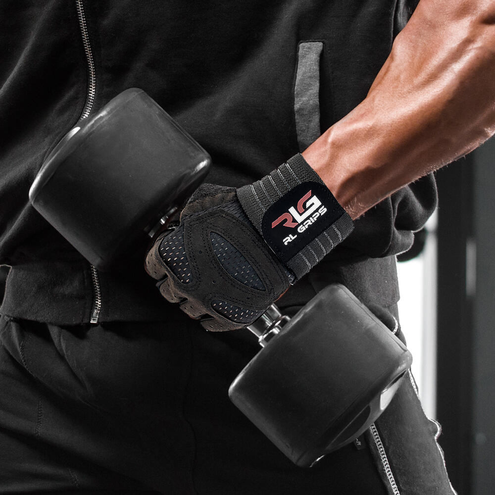 Guantes Gimnasio con Muñequera RL Grips para Pesas y Musculación Fitness - Negro 2/7