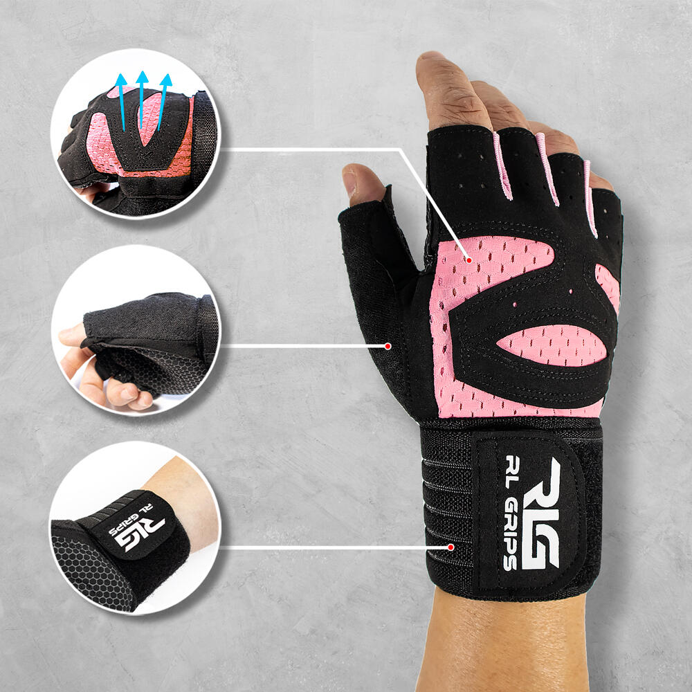 Luvas de Ginásio com Apoio de Pulso RL Grips para Pesos - Rosa 5/7