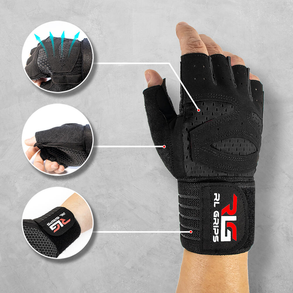 Guantes Gimnasio con Muñequera RL Grips para Pesas y Musculación Fitness - Negro 5/7