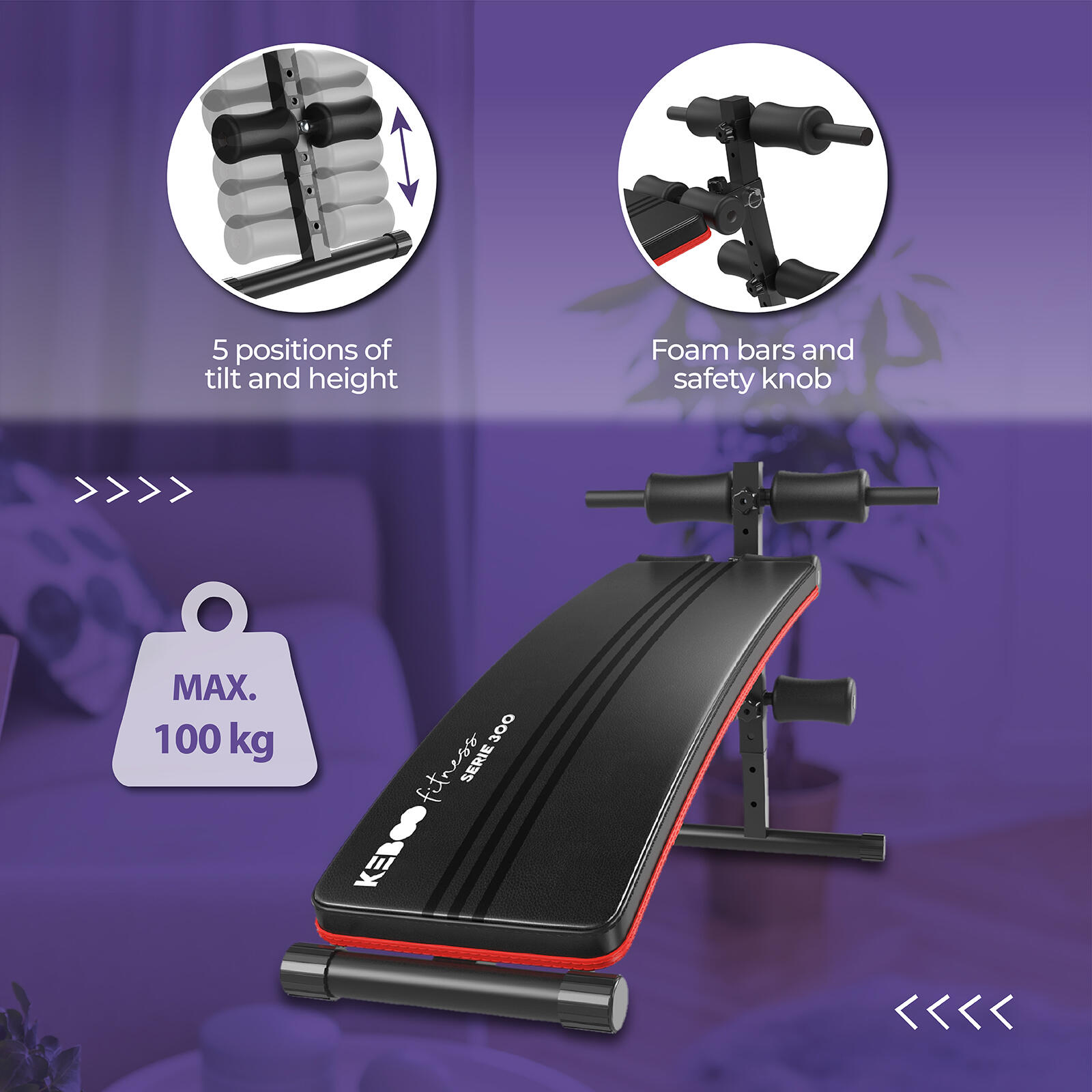 Pack Banco de Musculación Keboo Fitness Serie 300 145x47x70 cm y 6 Bandas Elásti 3/5