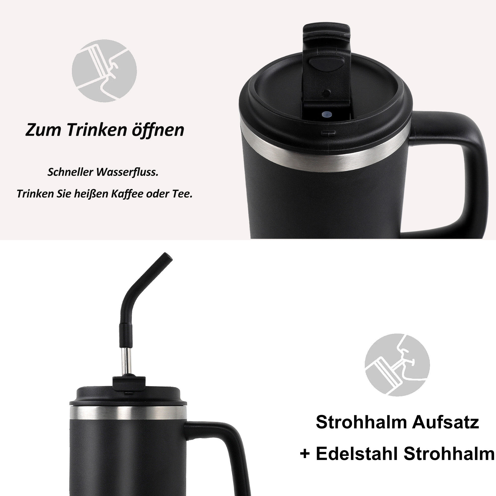 Thermobecher 1,2 Liter Schwarz Isoliert Kaffee Becher Heiß und Kalt Strohhalm 3/7