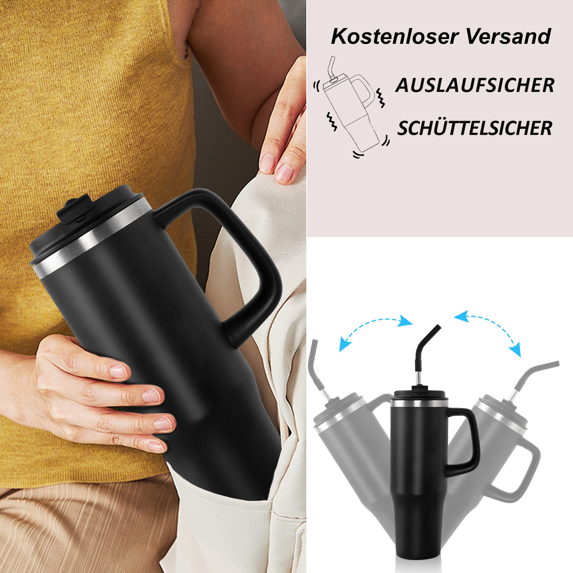 Thermobecher 1,2 Liter Schwarz Isoliert Kaffee Becher Heiß und Kalt Strohhalm 2/7