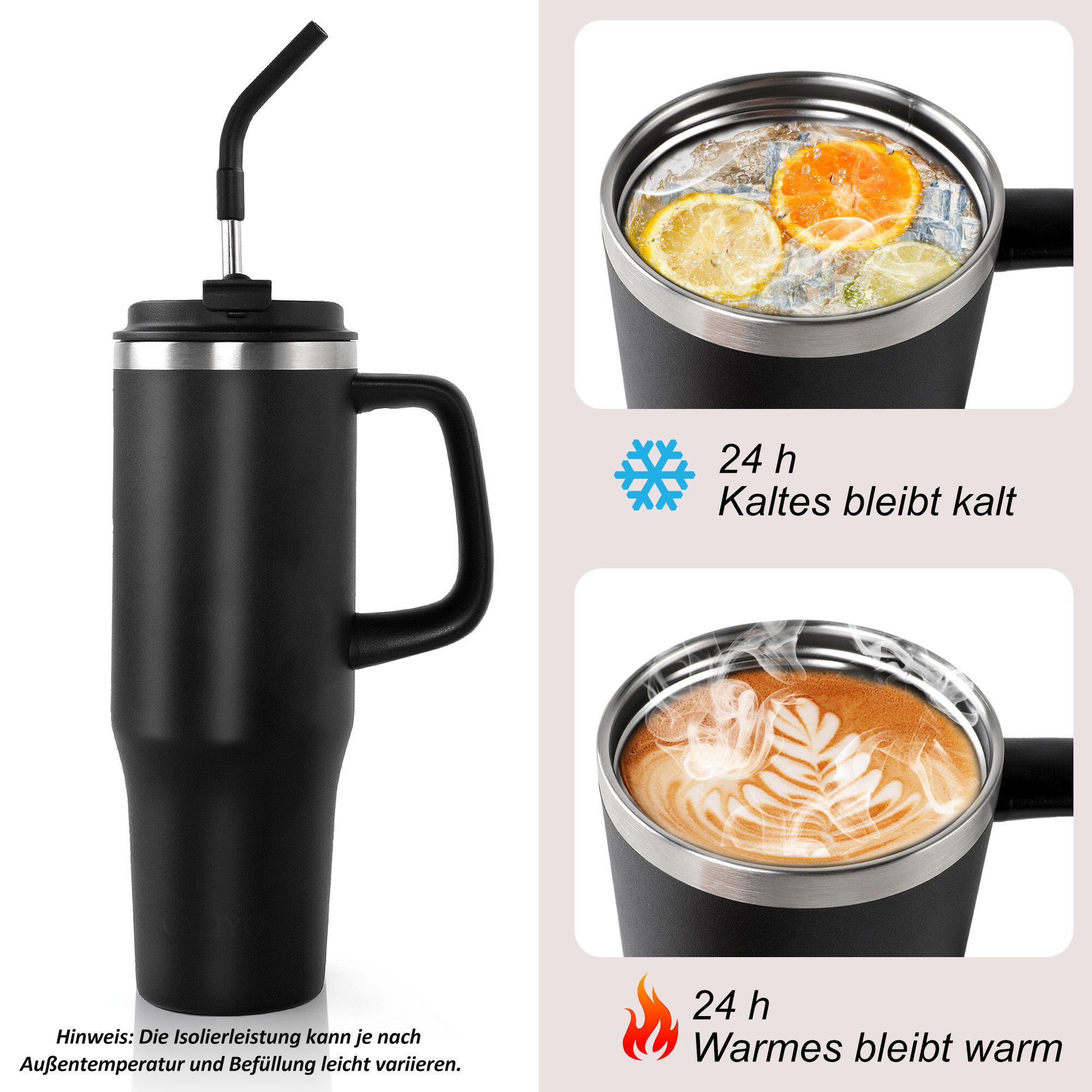 Thermobecher 1,2 Liter Schwarz Isoliert Kaffee Becher Heiß und Kalt Strohhalm 7/7
