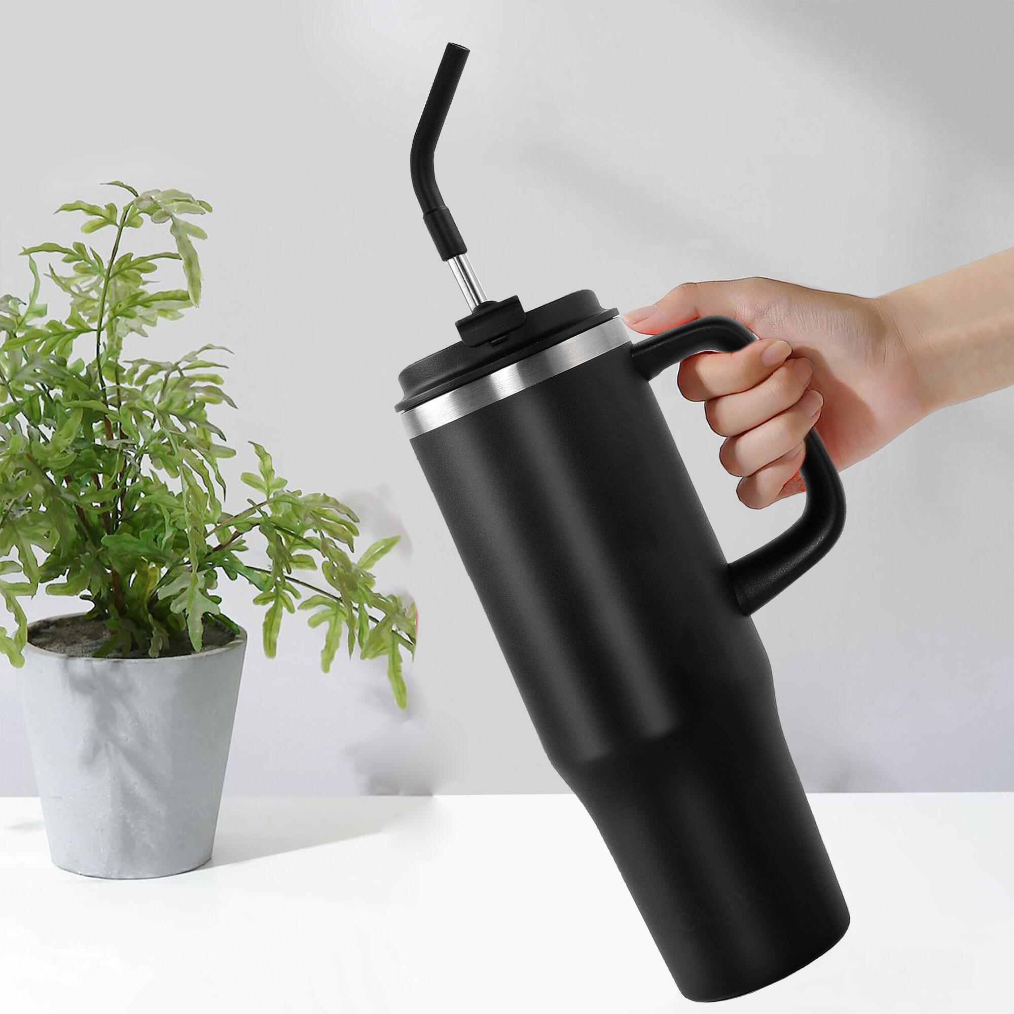 Thermobecher 1,2 Liter Schwarz Isoliert Kaffee Becher Heiß und Kalt Strohhalm 5/7