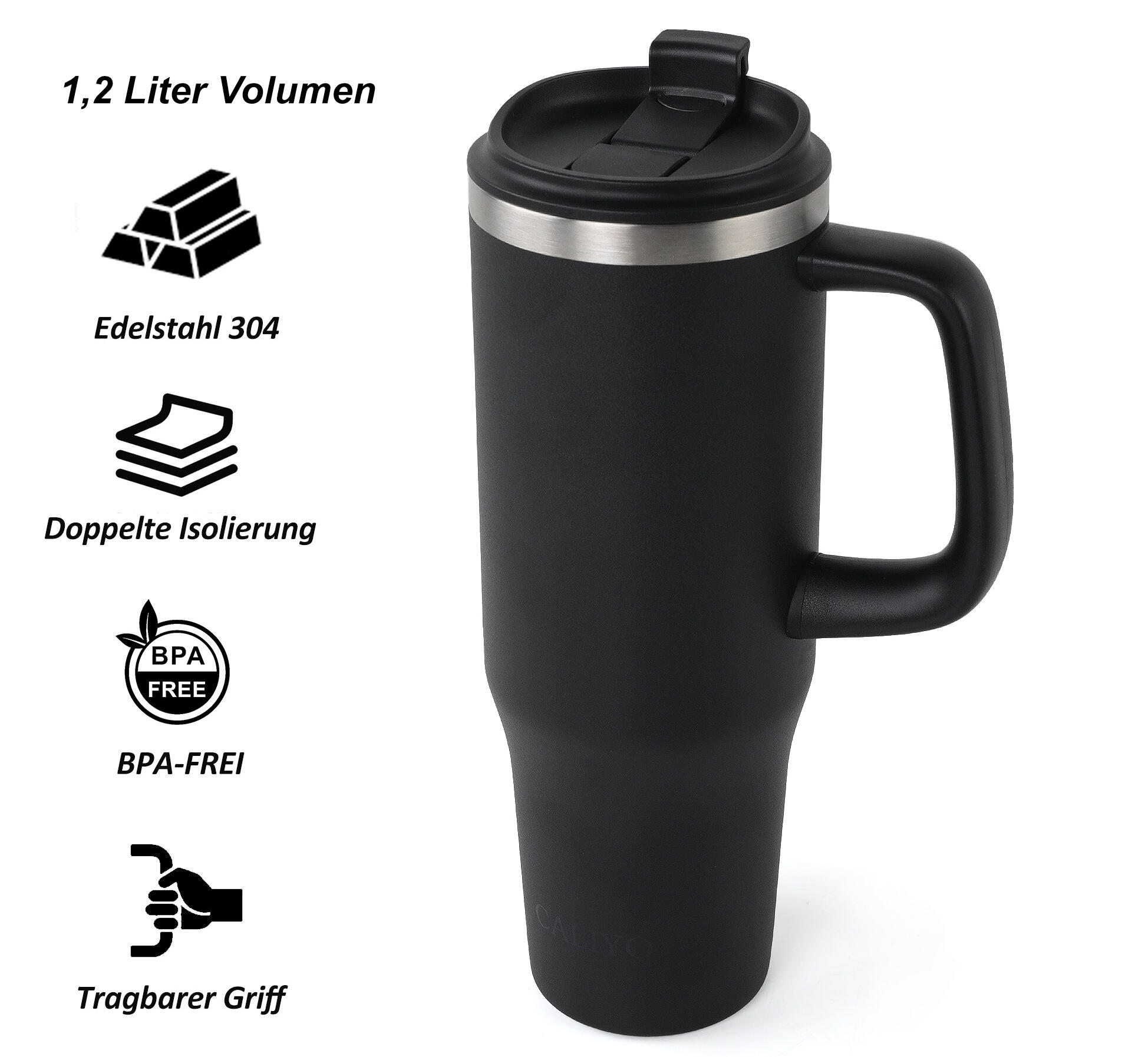 Thermobecher 1,2 Liter Schwarz Isoliert Kaffee Becher Heiß und Kalt Strohhalm 4/7