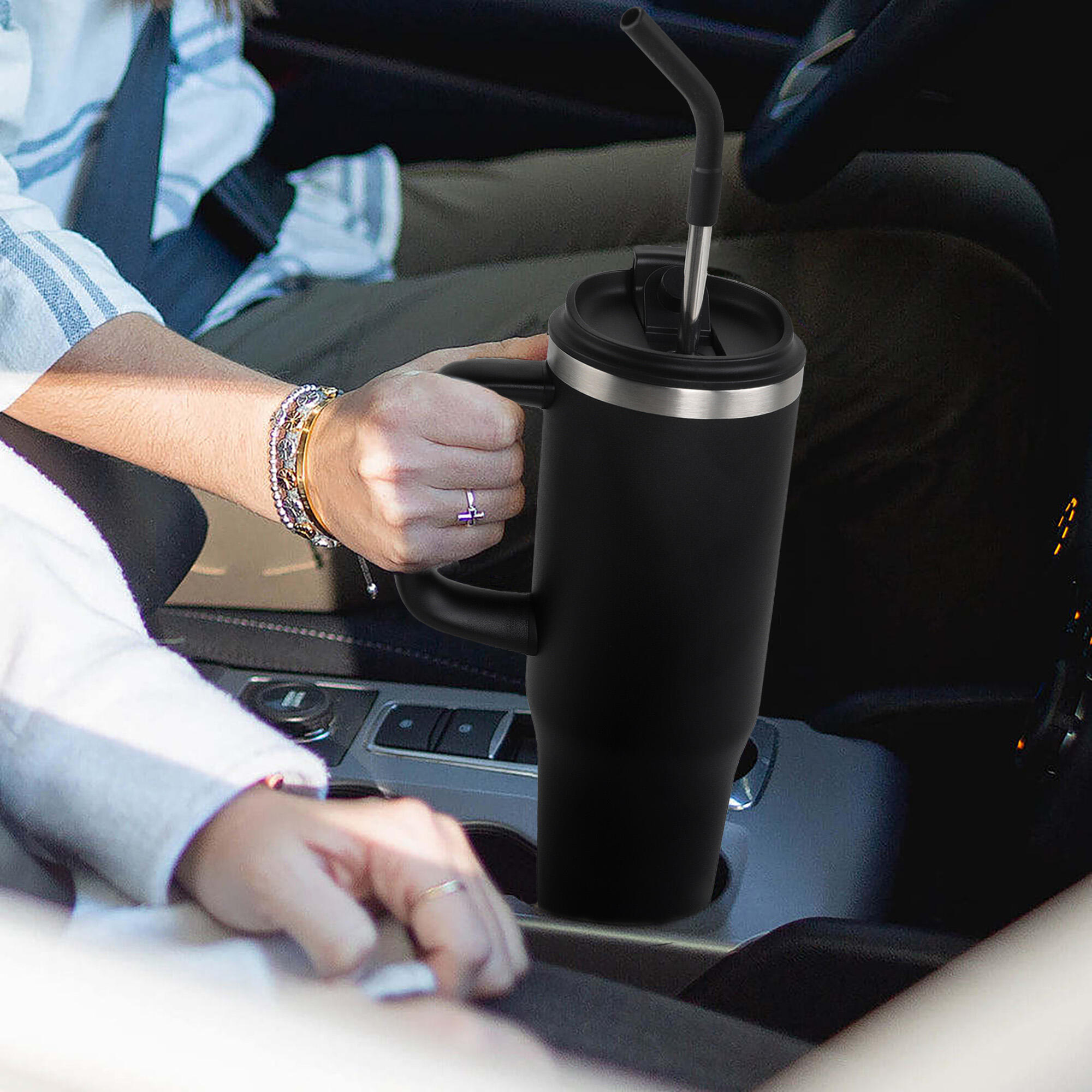 Thermobecher 1,2 Liter Schwarz Isoliert Kaffee Becher Heiß und Kalt Strohhalm 6/7