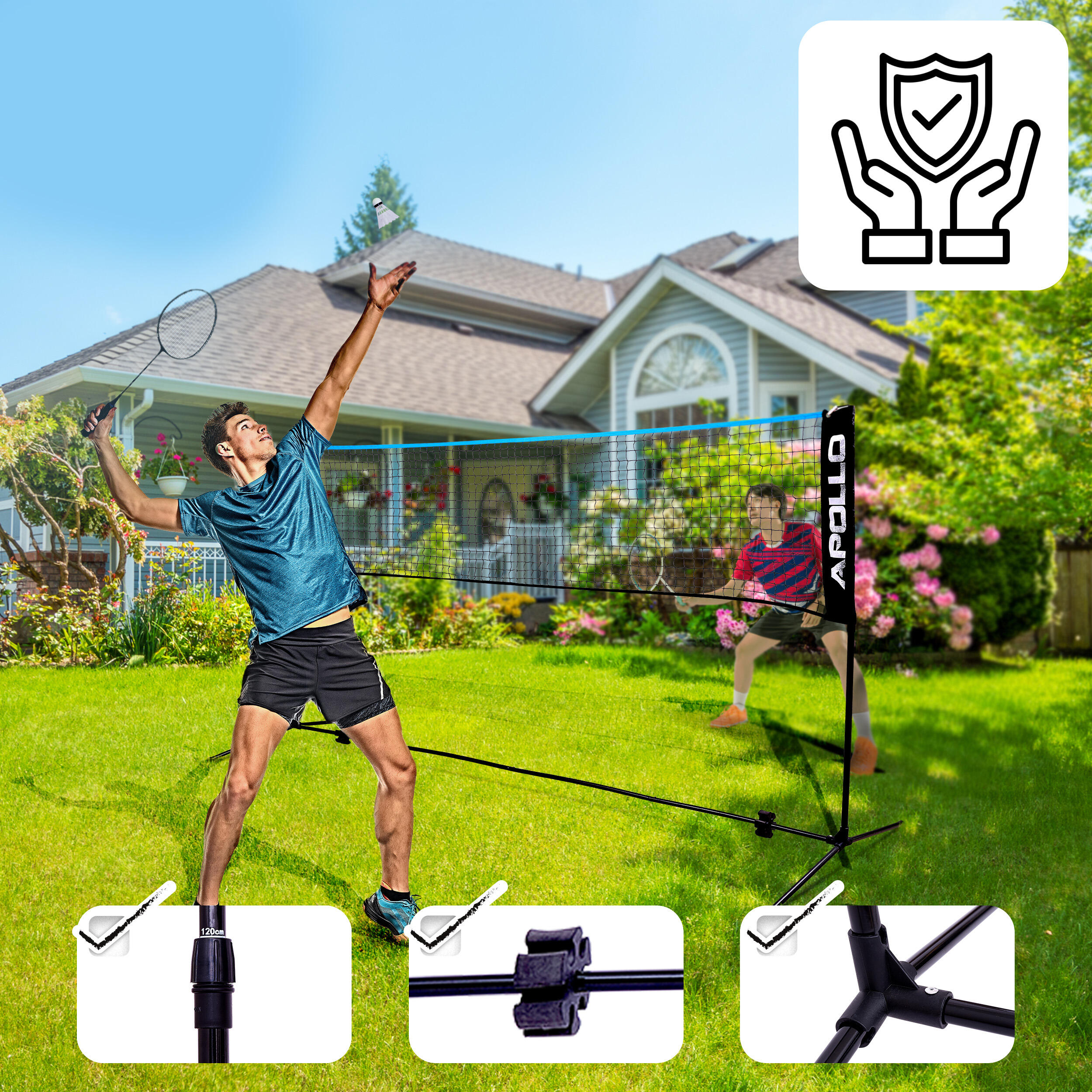 Apollo Set Rete Multiuso 3 In 1 – Badminton, Pallavolo E Tennis, Regolabile Da 92 A 155 Cm, Con Pali In Ferro E Borsa Trasporto
