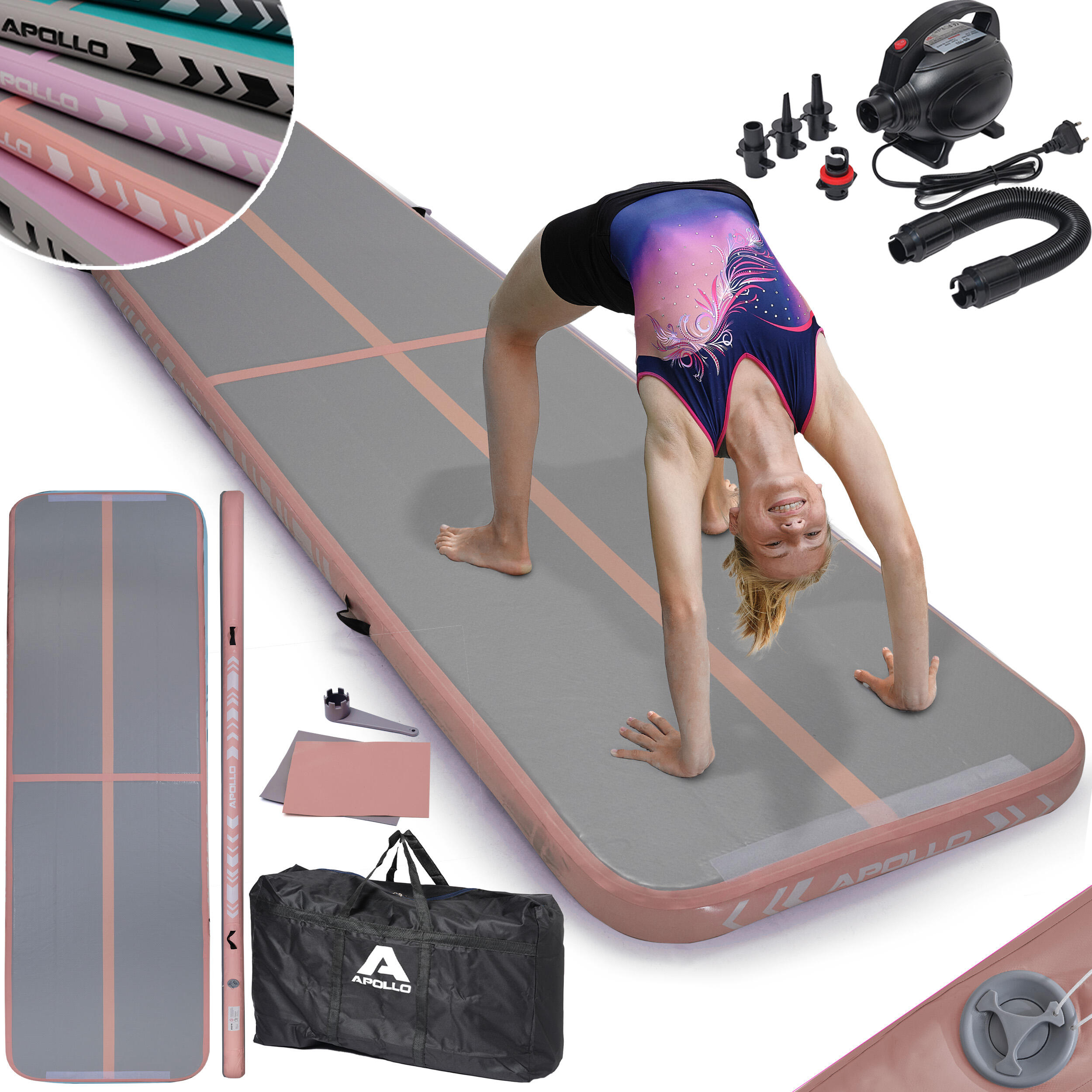 Apollo - Tapis Gonflable Air Mat Pro – Airtrack Pour Gymnastique Et Yoga 3–4 m - Tapis De Gymnastique - Gris|rose - 3 M - Decathlon