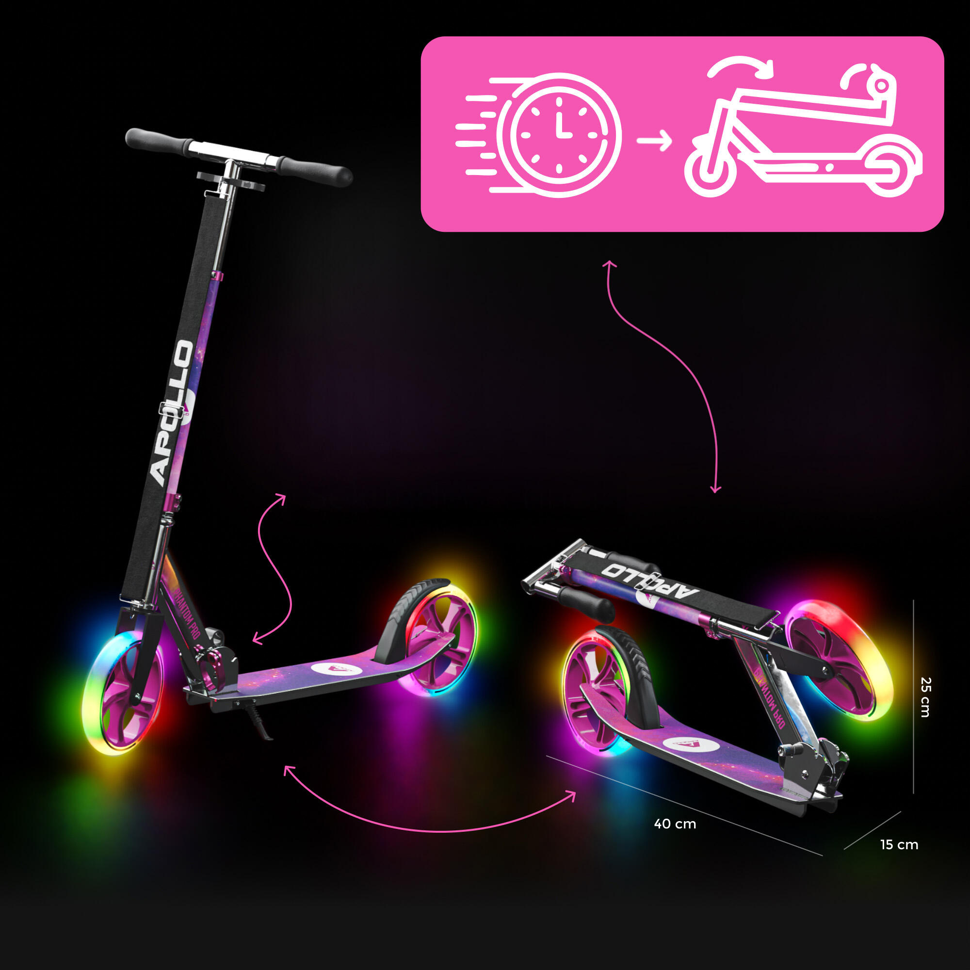 Apollo Trottinette Phantom Pro – Enfant pliable, roues LED 200 mm 2/6