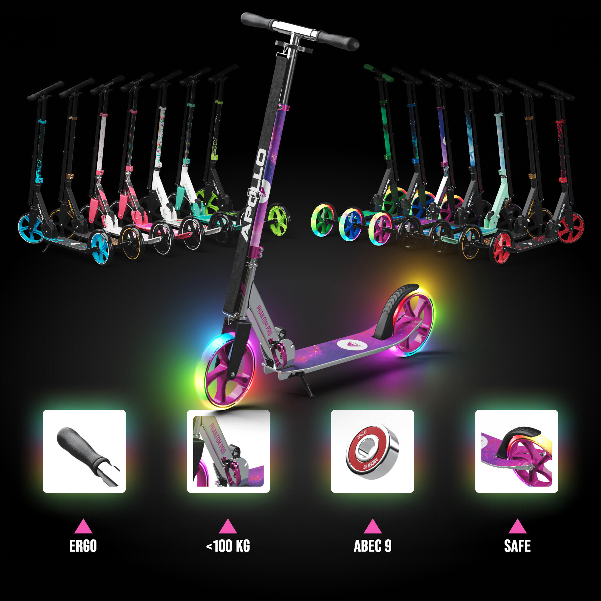 Apollo Trottinette Freestyle Phantom Pro - Roues XXL 200mm, Pliable, Hauteur Ajustable 90-105cm Pour Adultes Et Enfants