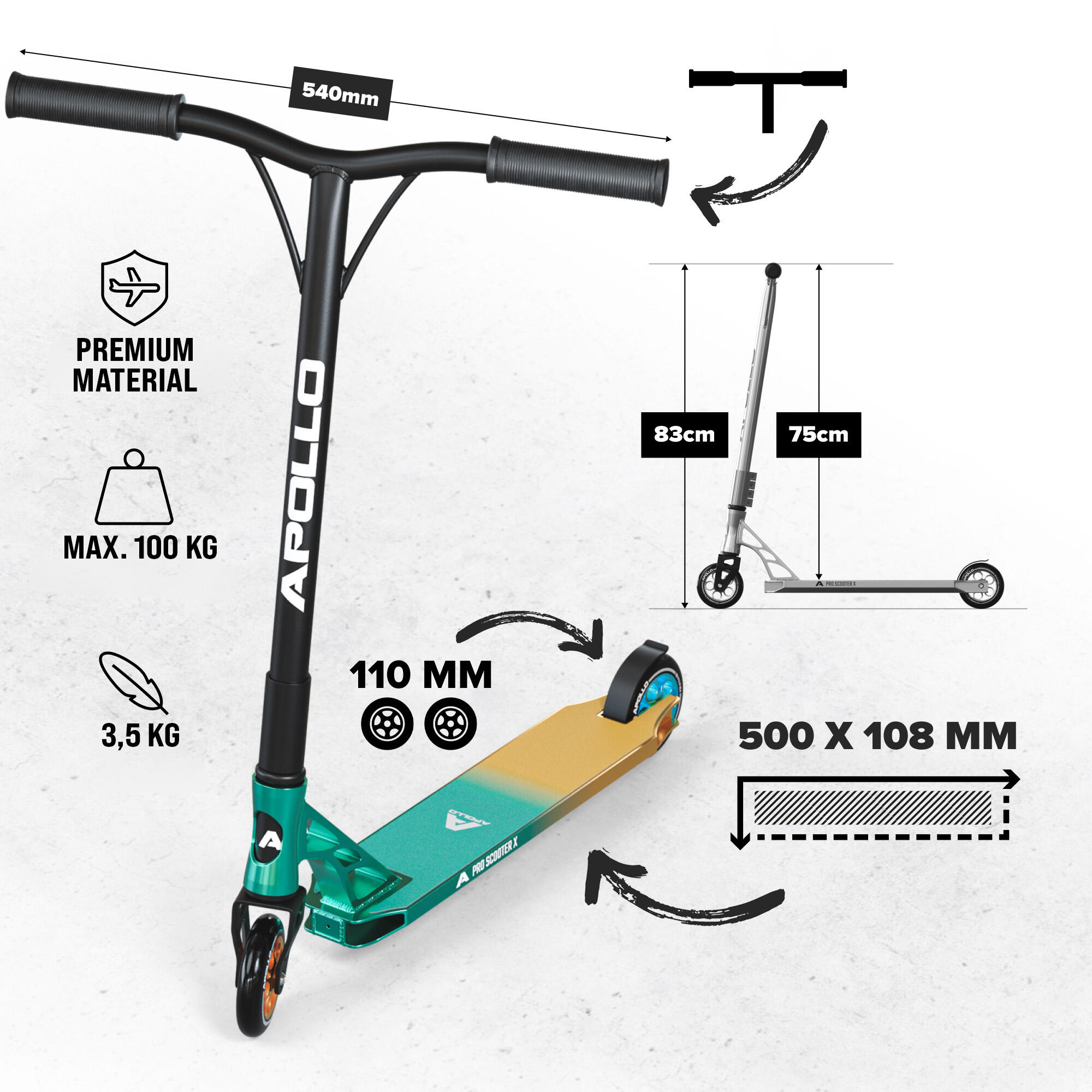 Apollo Genesis Pro X Trottinette Freestyle 110 mm Alu-Core ABEC-9 T-Bar 3/6