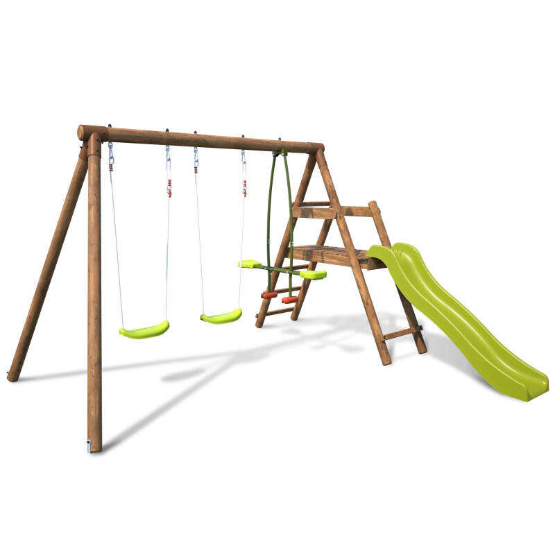 Balançoire en bois traité 3 agrès et toboggan Figue 1/5