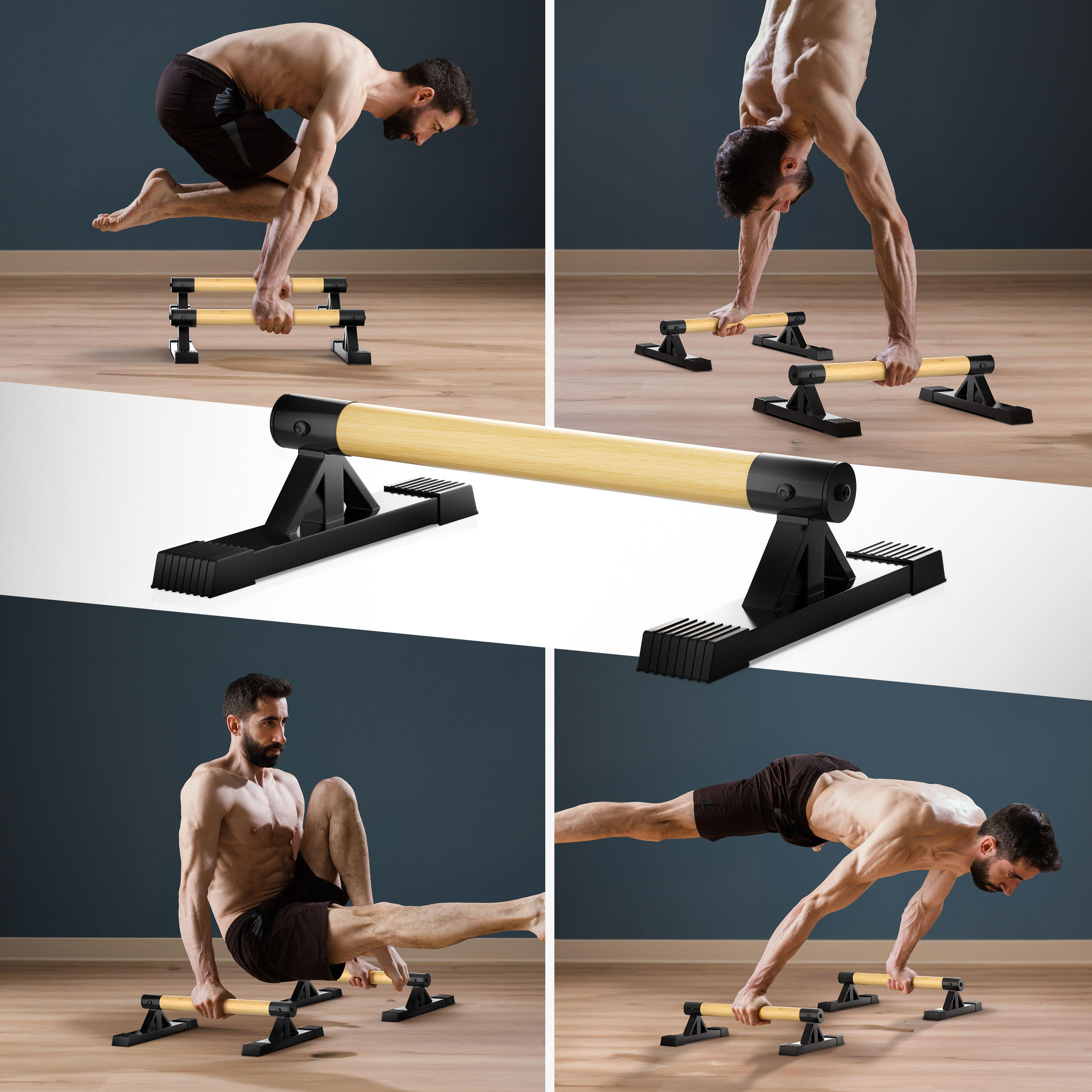 Parallettes Holz & Stahl – Ergonomische Push Up Bars & Handstand Griffe 500 kg 4/7