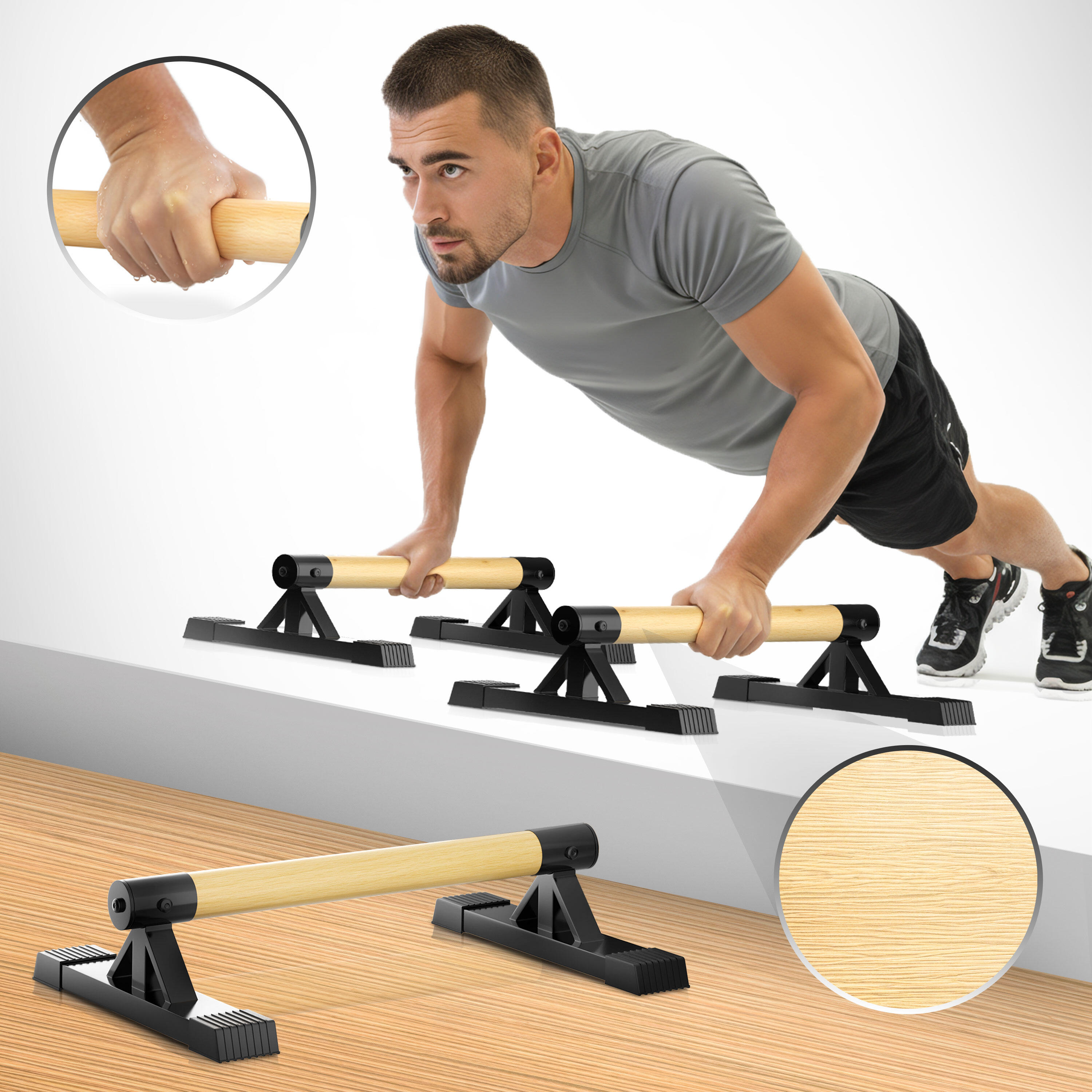 Parallettes Holz & Stahl – Ergonomische Push Up Bars & Handstand Griffe 500 kg 3/7