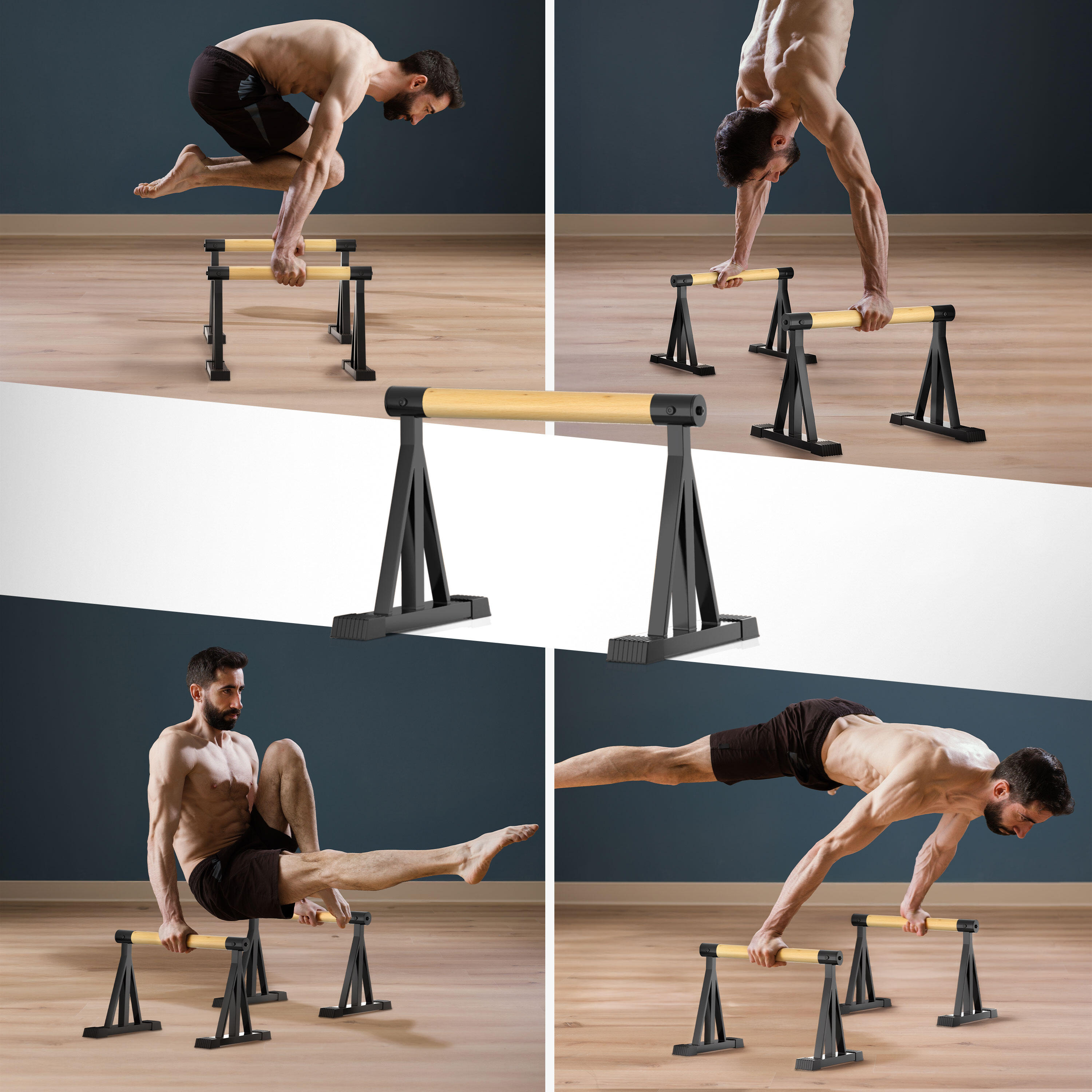 Parallettes Holz & Stahl – Ergonomische Push Up Bars & Handstand Griffe 500 kg 3/7