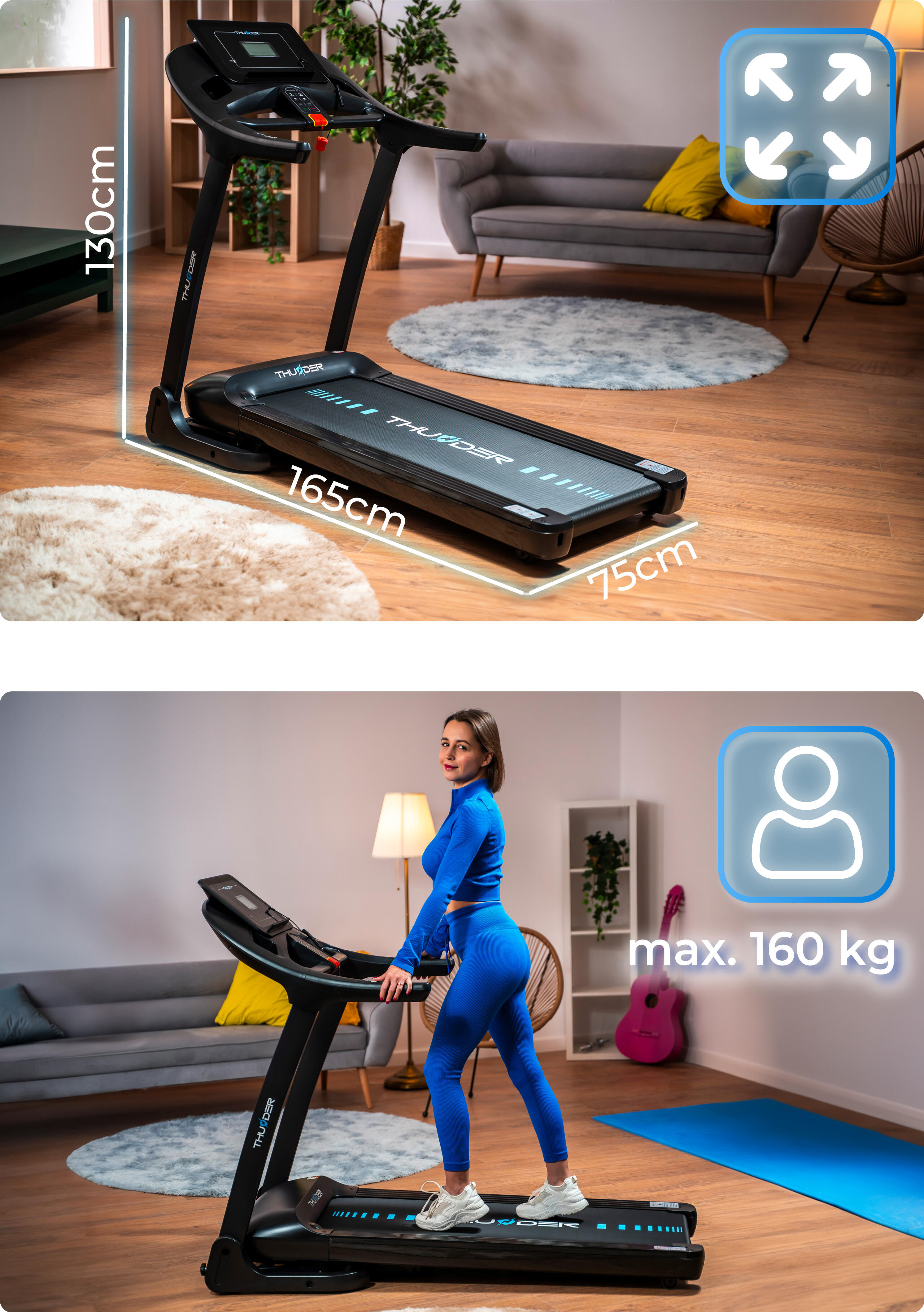 Tapis de course Thunder PHENOM-S-BLACK 120x45cm 18km/h FitShow pliable LCD 2/7