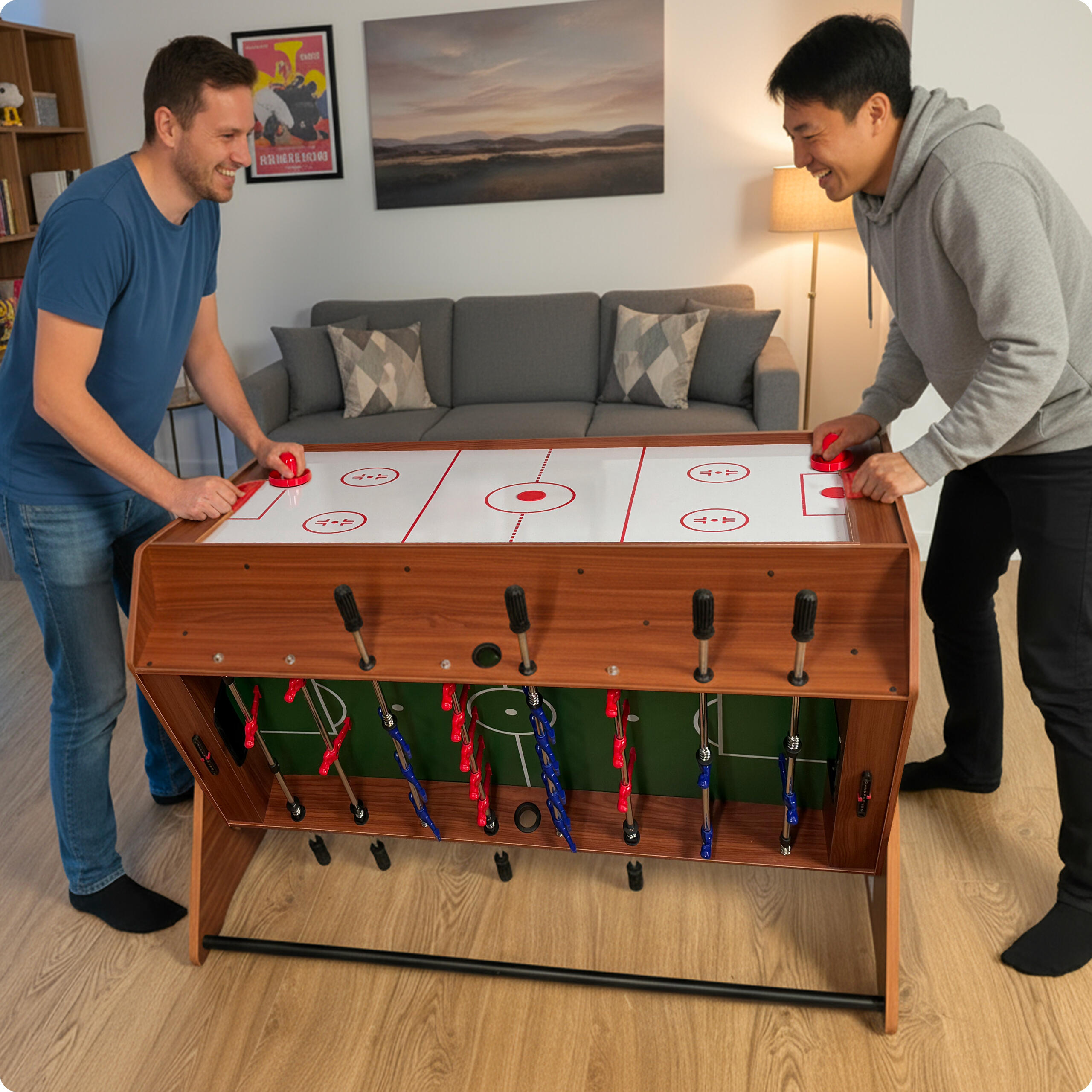 Table Baby-foot HWC-M33 7 En 1 - Billard, Hockey, Ping-pong, échecs, Bowling, Shuffleboard, MDF 80x123x101 Cm