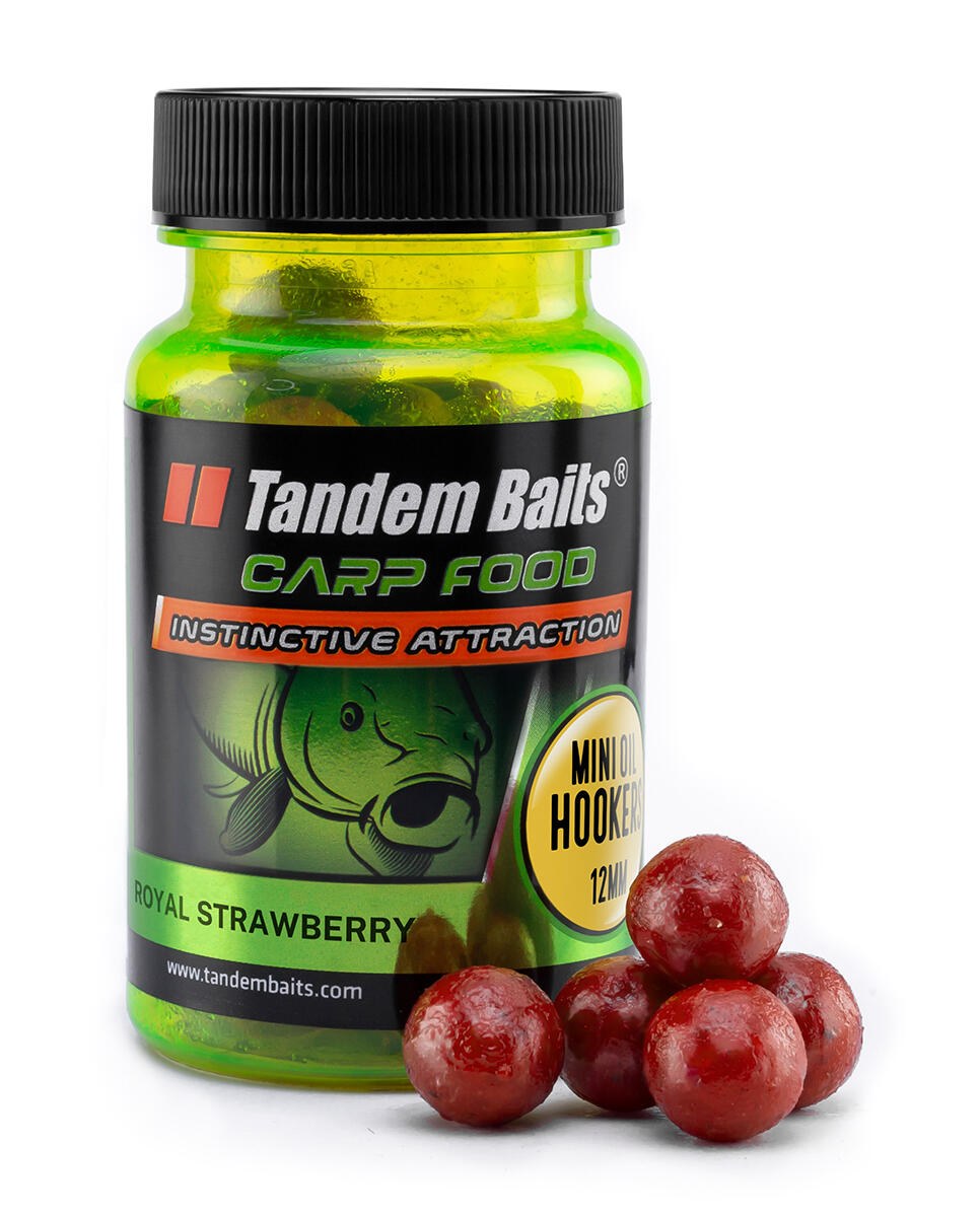 TANDEM BAITS Chytací boilies v dipu Carp Food Oil Mini Jahoda 12mm 50g