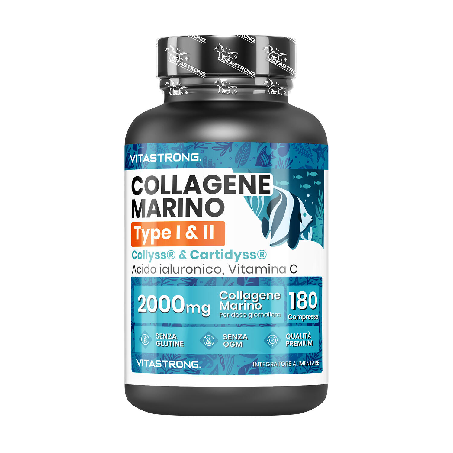 VITASTRONG Collagene marino 2000mg Tipo 1&2 (Collyss & Cartidyss) con acido ialuronico
