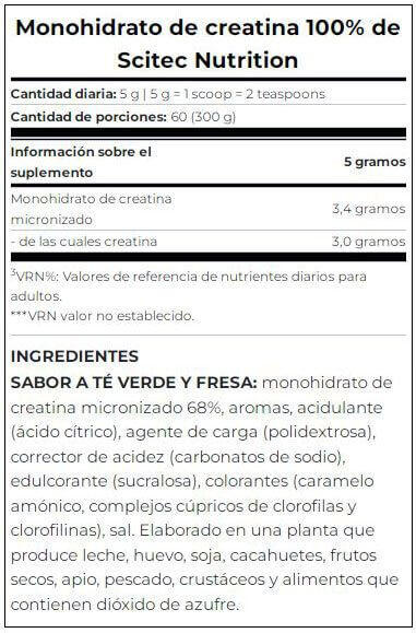 100% Creatina Monohidrato - 300g Fresa y Té Verde Scitec Nutrition 2/2