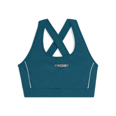 Top tecnico con spalline incrociate e profili bianchi