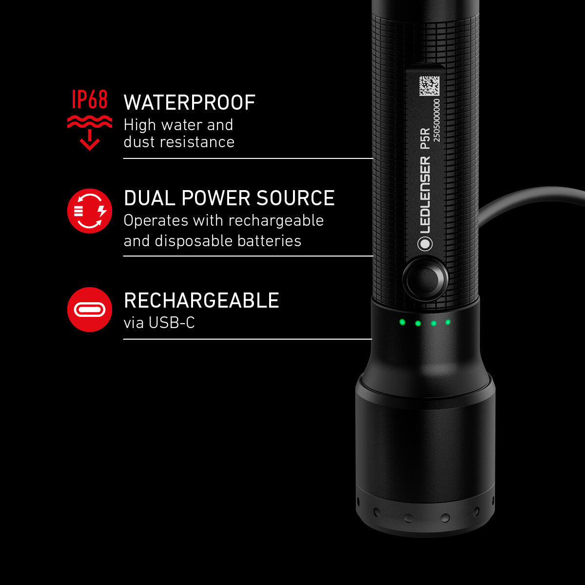 Lampe torche LED rechargeable – 750 lm, IP68, portée 280 m, USB-C – P5R 5/7