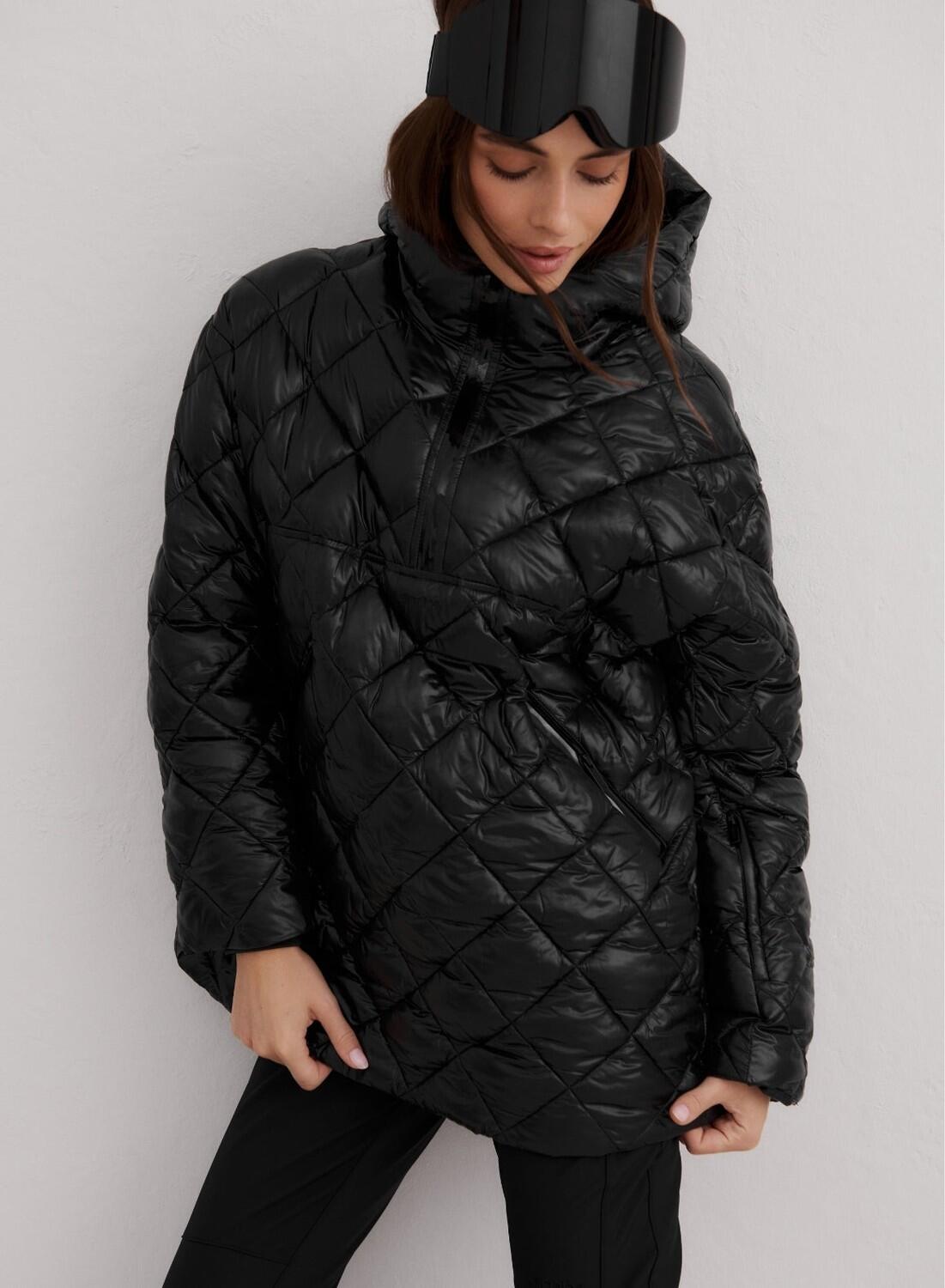 Damski anorak ocieplany, pikowany w romby, regulowany kaptur Luxe czarny połysk 3/7