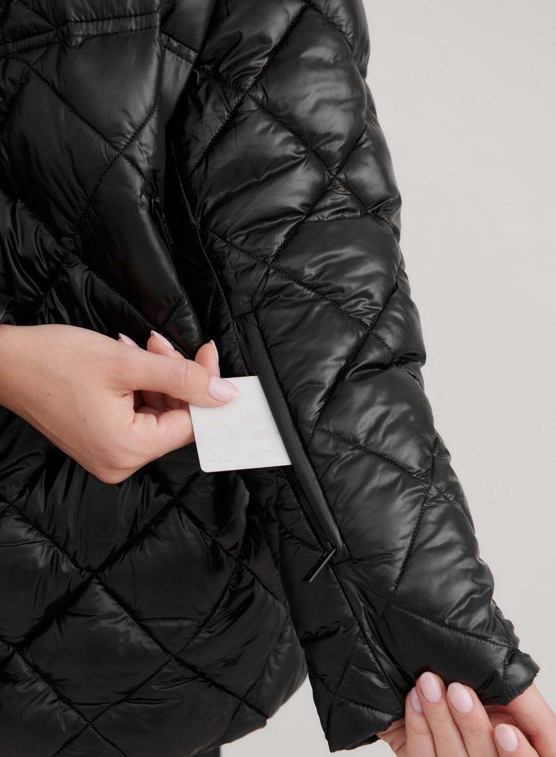 Damski anorak ocieplany, pikowany w romby, regulowany kaptur Luxe czarny połysk 6/7