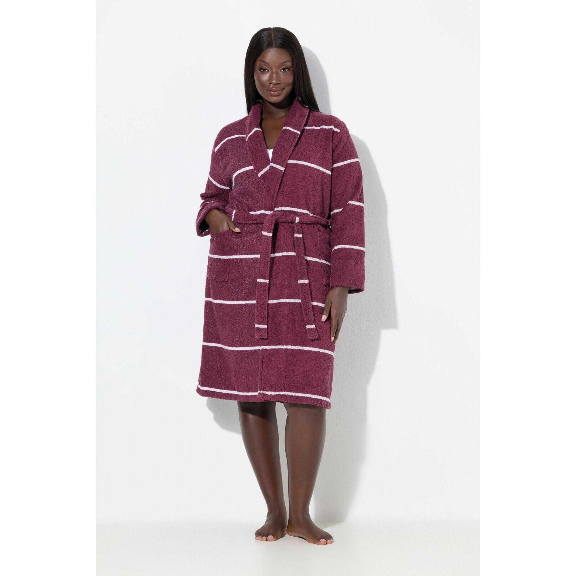 Ulla Popken - Femme Peignoir En Tissu Éponge Rayé Col Châle Et Manches Longues Ceinture - Peignoir De Bain - Rose|violet - Decathlon