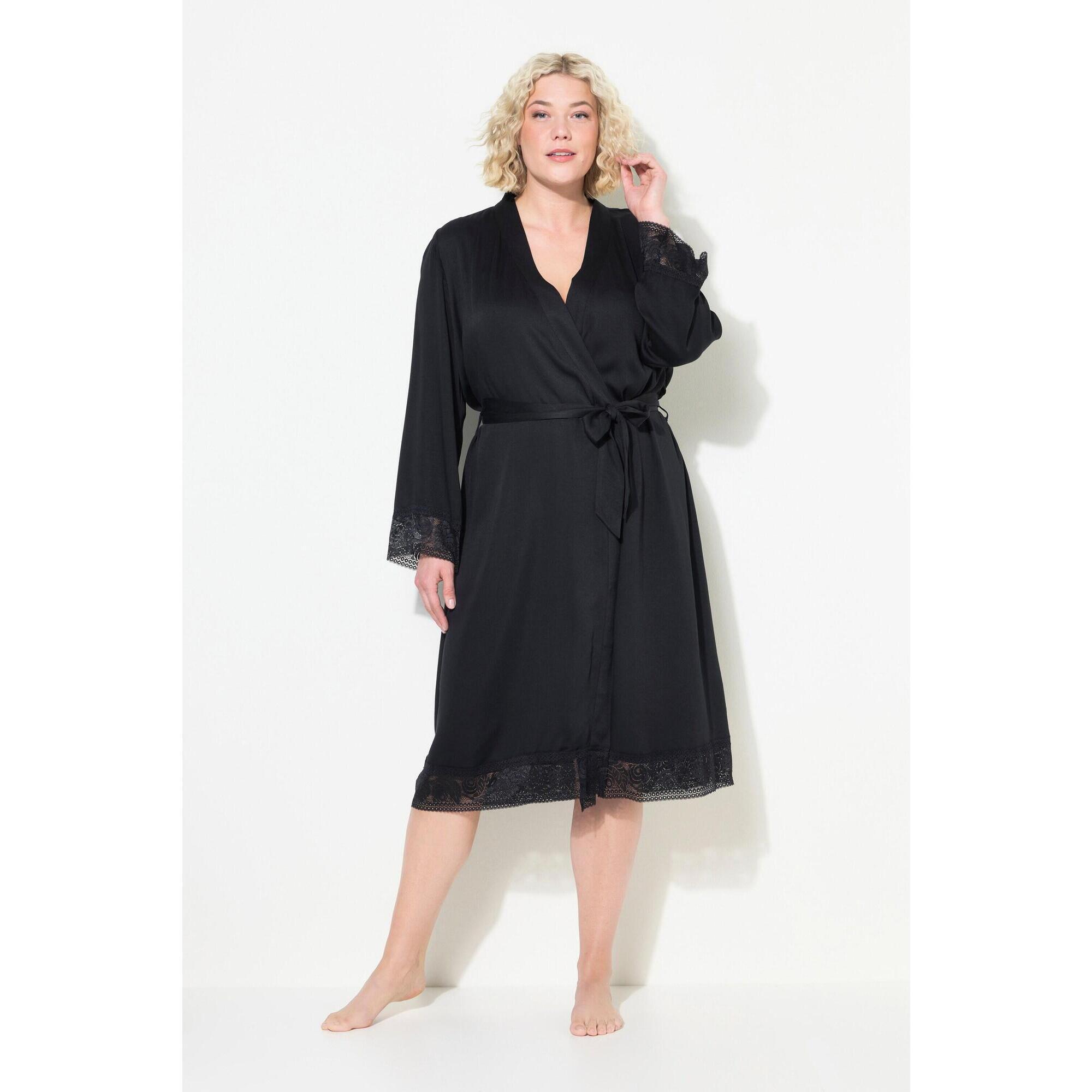 Ulla Popken - Femme Robe De Chambre Dentelle Ceinture À Nouer Et Manches Longues - Peignoir De Bain - Noir - 52 2xl - Decathlon