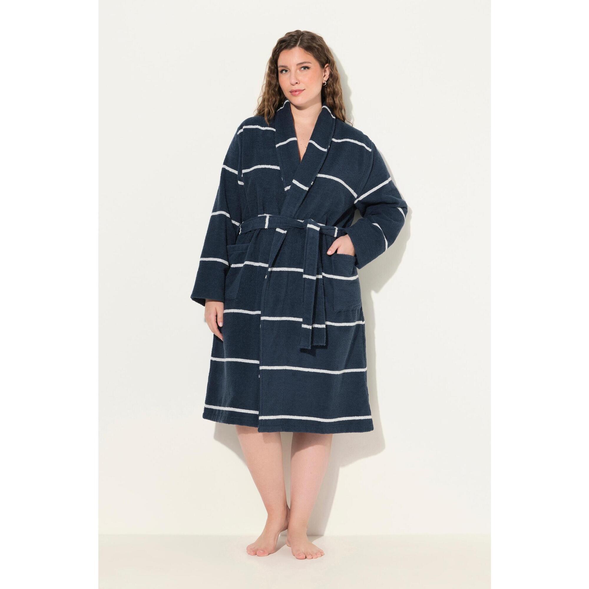Ulla Popken - Femme Peignoir En Tissu Éponge Rayé Col Châle Et Manches Longues Ceinture - Peignoir De Bain - Bleu - 48 Xl - Decathlon
