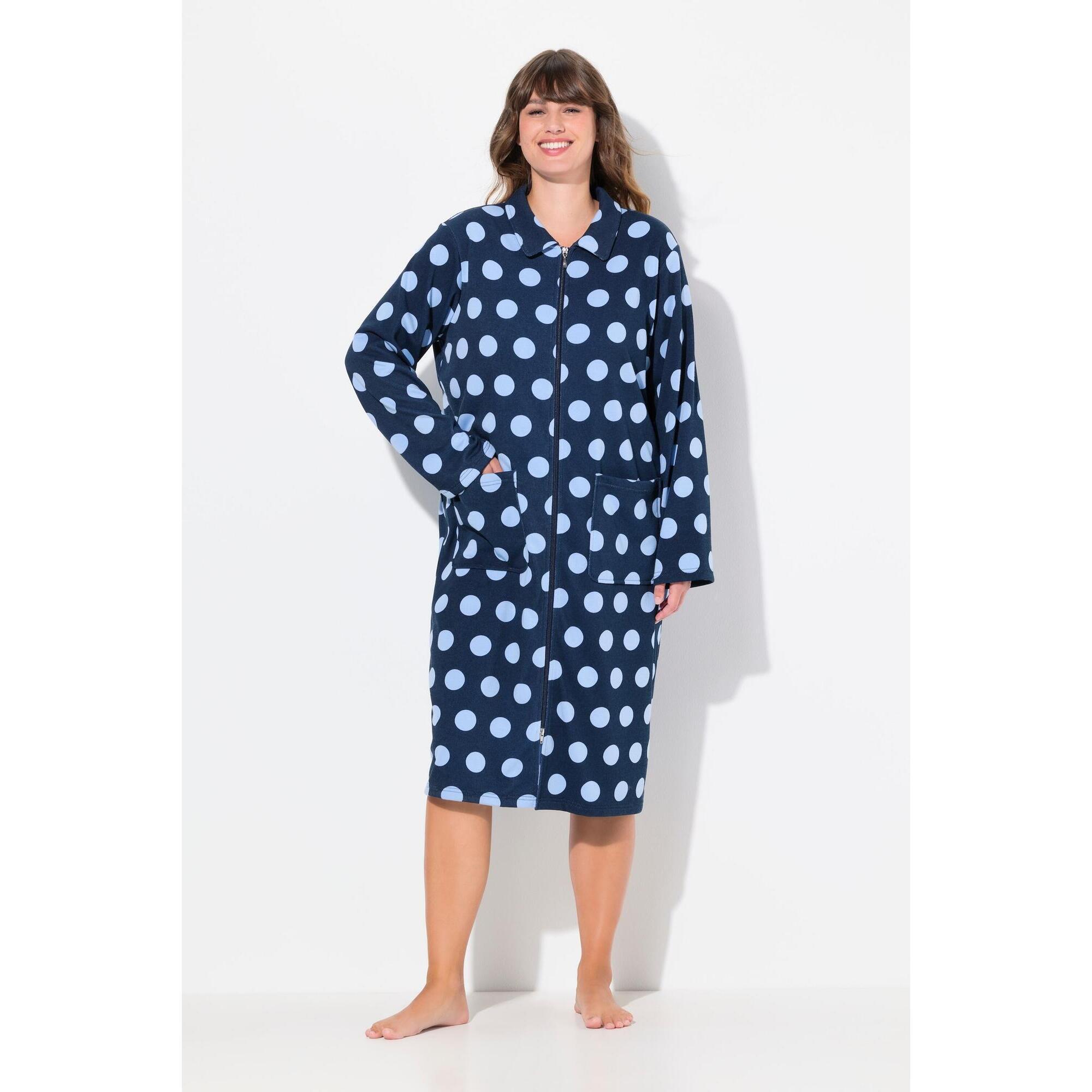 Ulla Popken - Femme Peignoir À Pois Fermeture Éclair À Double Curseur Et Col De Chemise - Peignoir De Bain - Bleu - 48 Xl - Decathlon