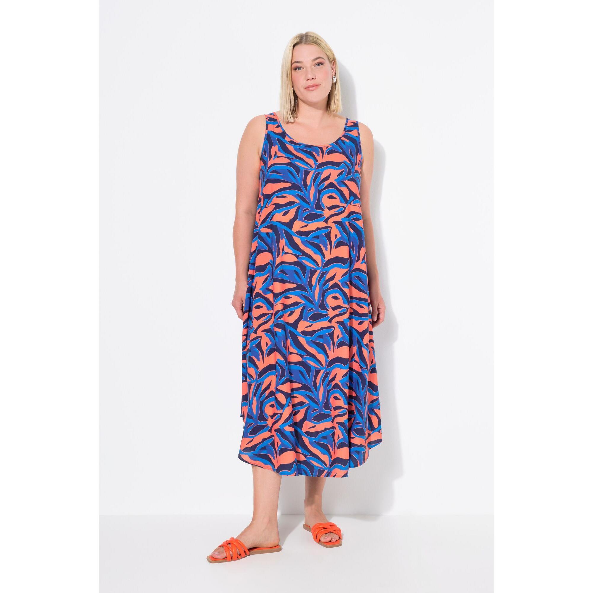 Ulla Popken - Femme Robe Sans Manches Décolleté Rond Et Imprimé Corail - Robe - Bleu - 52 2xl - Decathlon