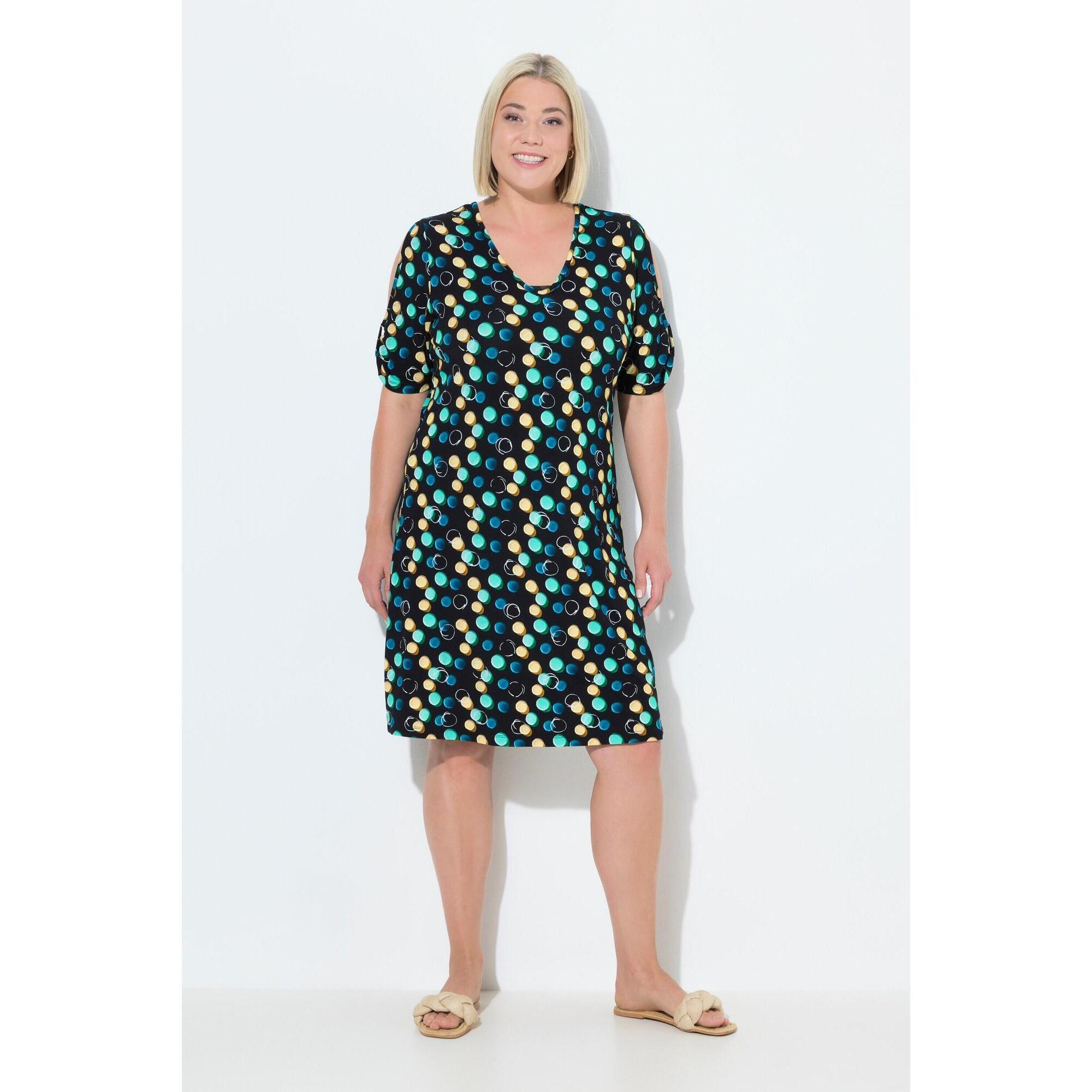 Ulla Popken - Femme Robe De Plage À Pois Rubans Fantaisie Décolleté En V Et Manches Courtes - Robe - Noir - 48 Xl - Decathlon