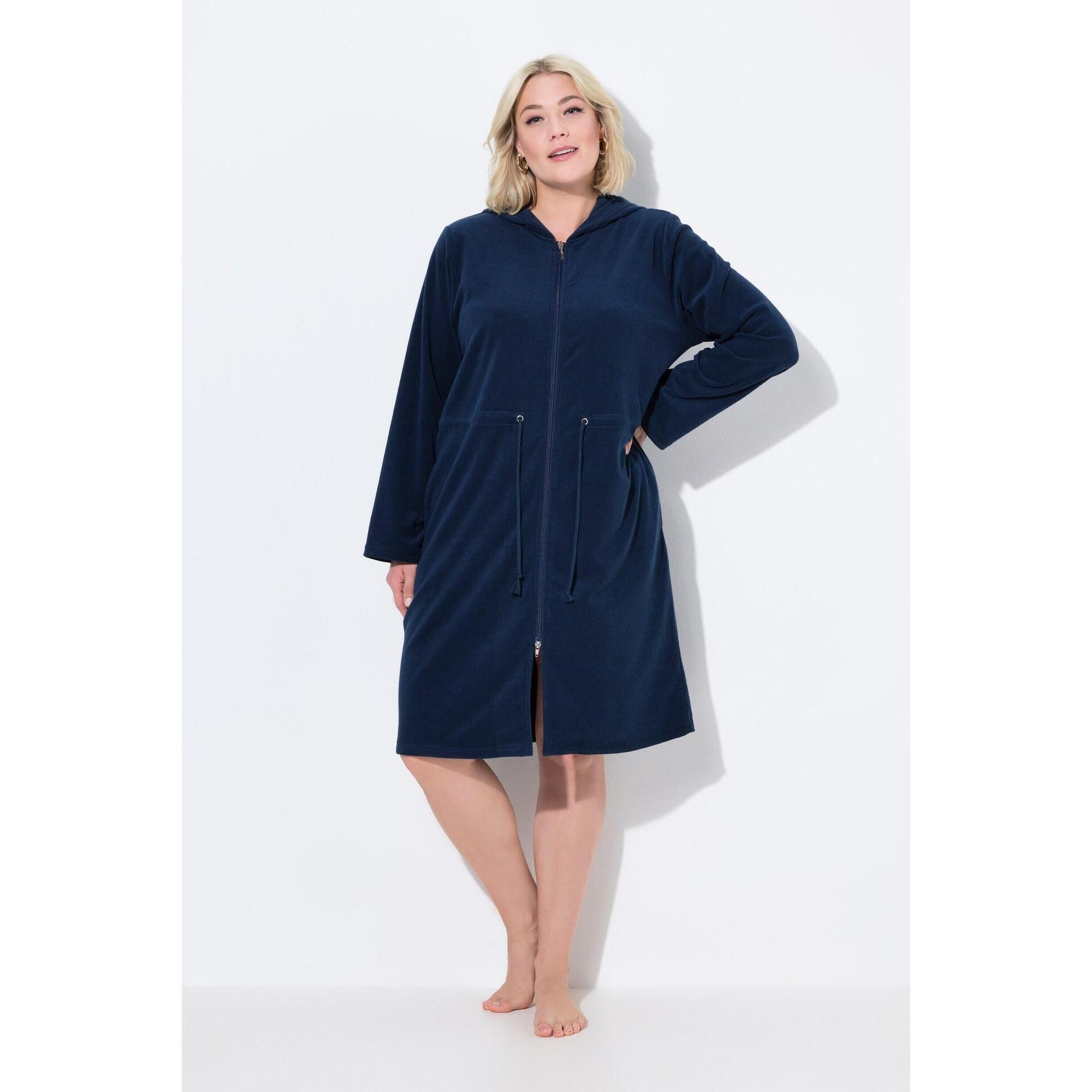 Ulla Popken - Femme Peignoir À Capuche Et Manches Longues. Cordon Sous Tunnel. - Peignoir De Bain - Bleu - 56 - Decathlon